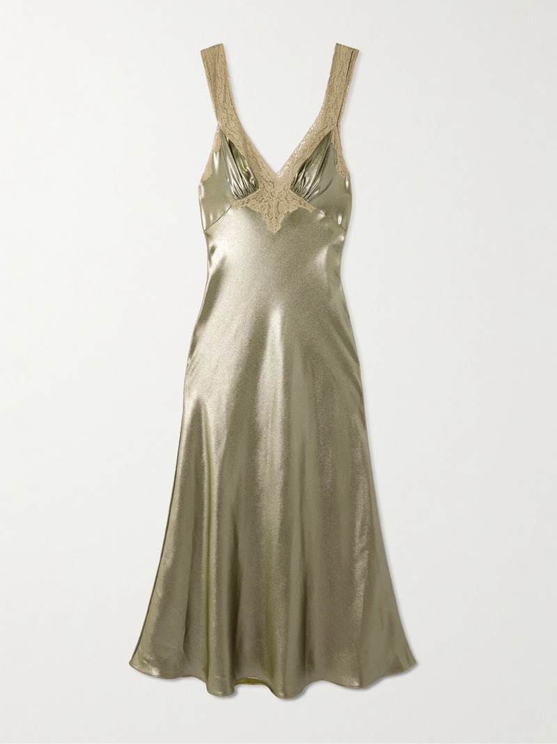 Lace-trimmed Gathered Silk-charmeuse Maxi Dress 1