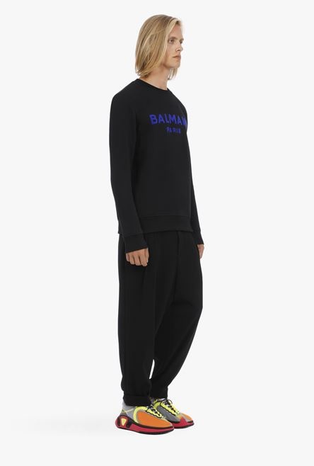 Black cotton sweatshirt with blue velvet Balmain logo - 6