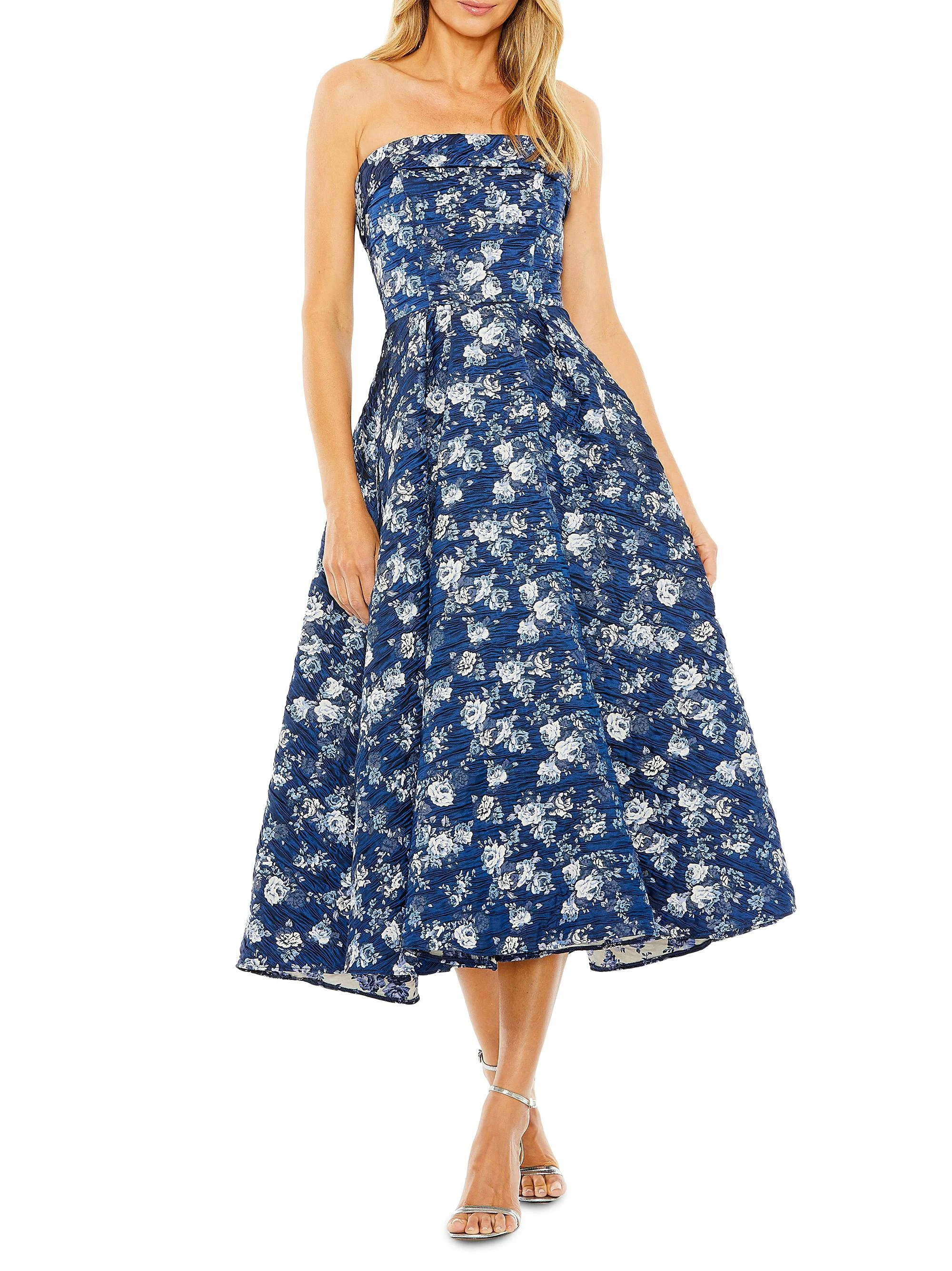 Women's Floral Brocade Midi-Dress - Blue Multi - 1