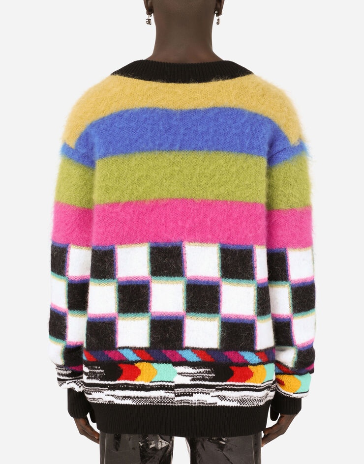 Jacquard V-neck sweater with multi-color glitch design - 2