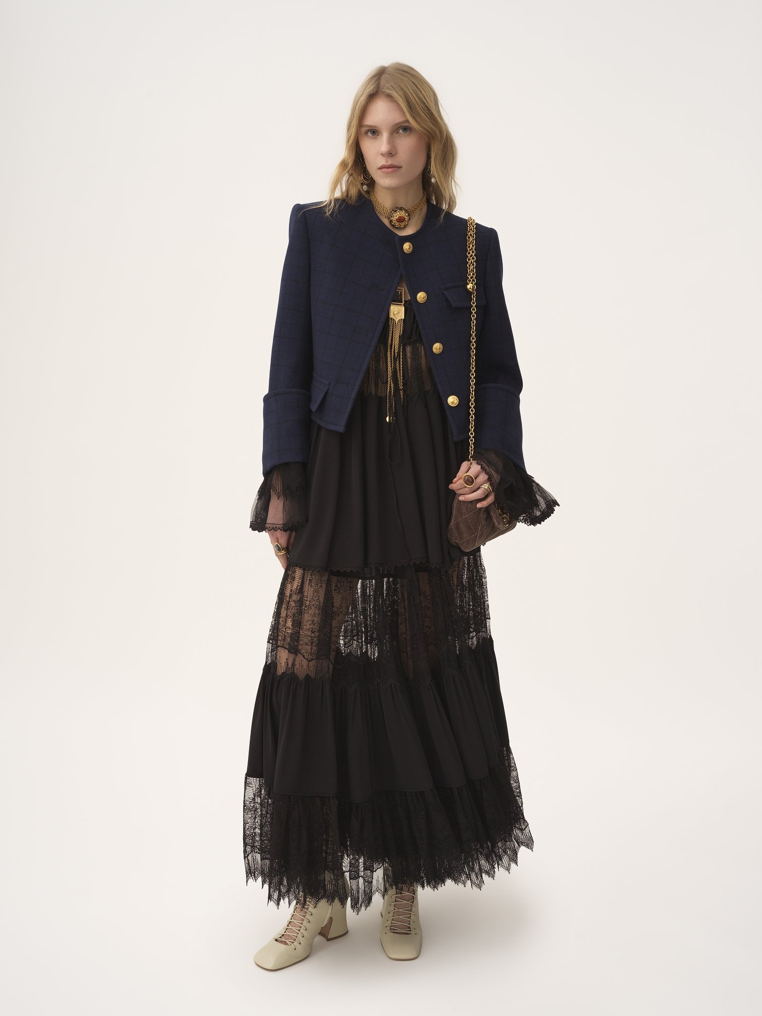 TIERED LONG SKIRT IN SILK GEORGETTE & LACE - 3