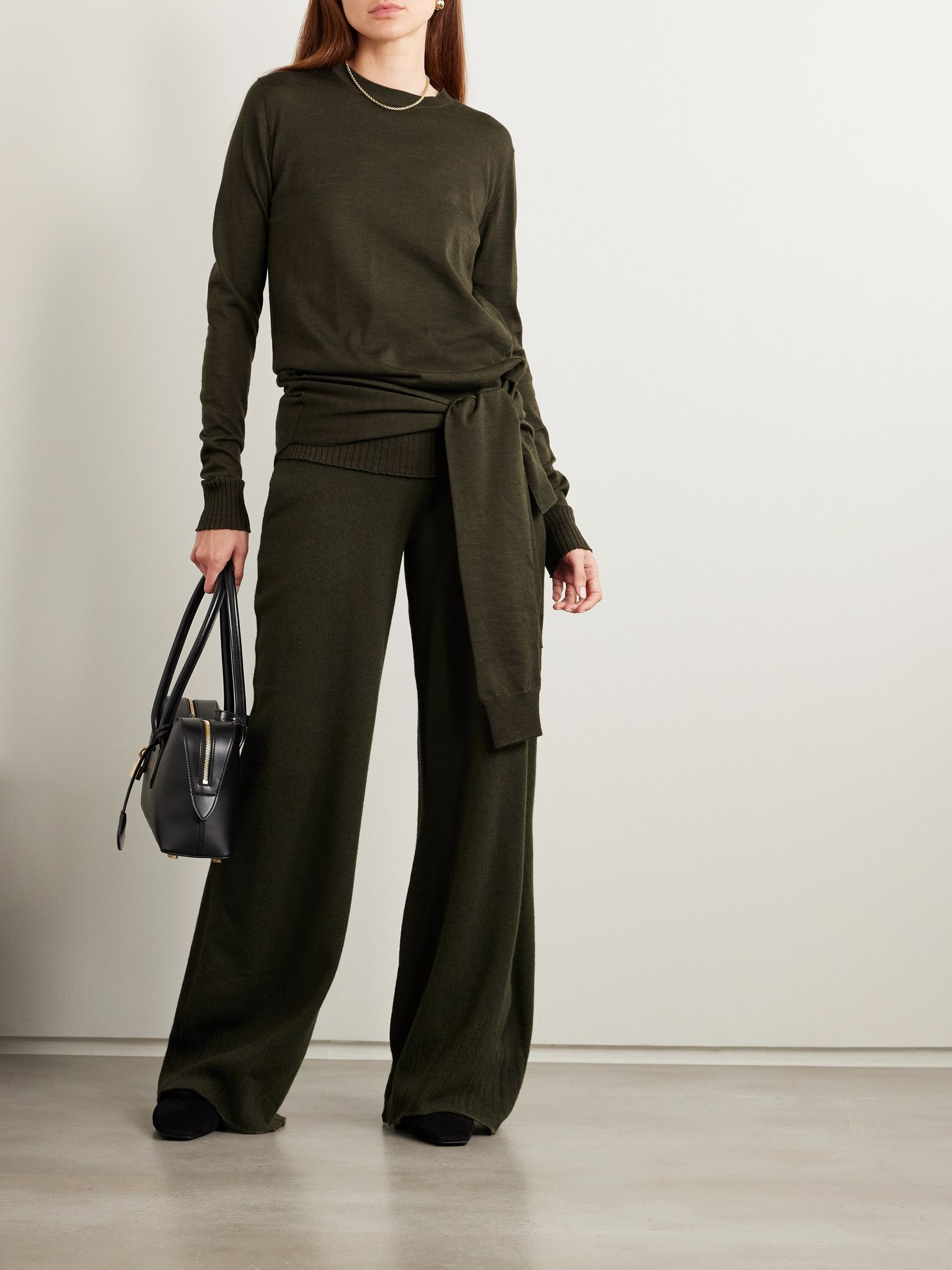 Tie-front layered wool sweater Army green - 2