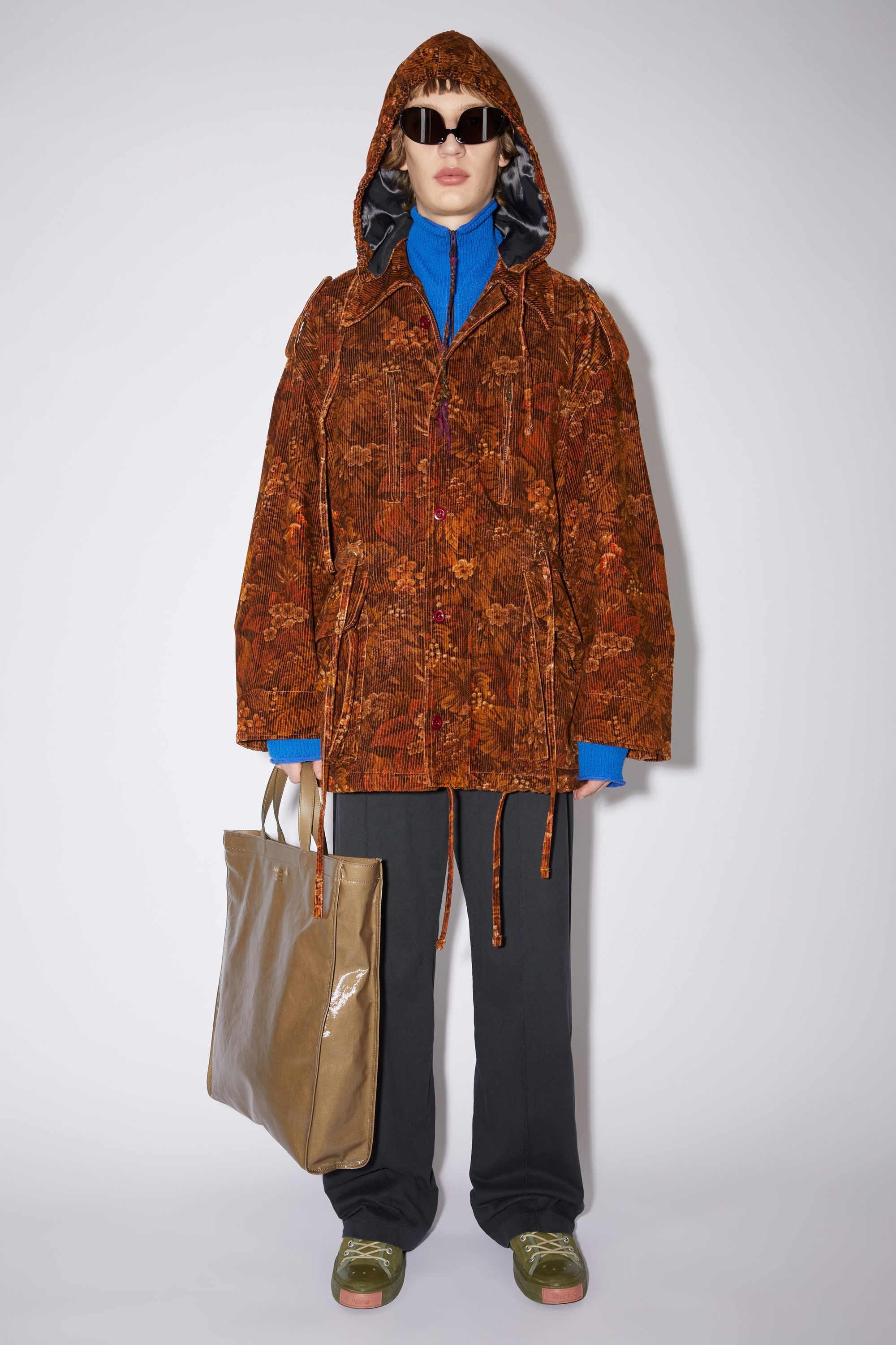 Flower print corduroy parka jacket - Rust red - 2