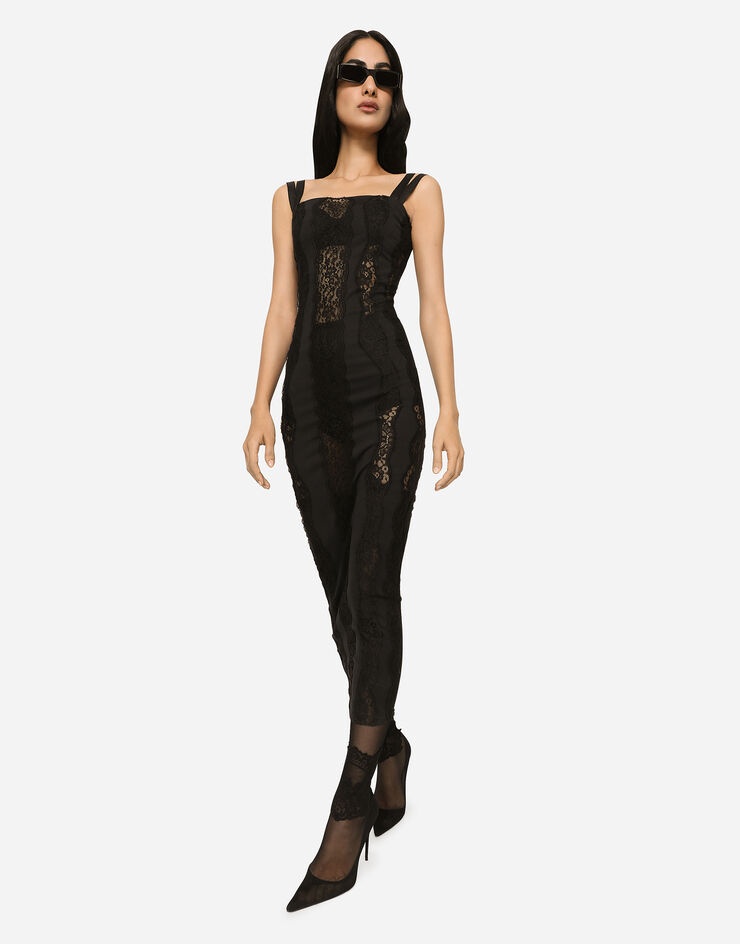 Jersey calf-length dress with lace inserts - 5