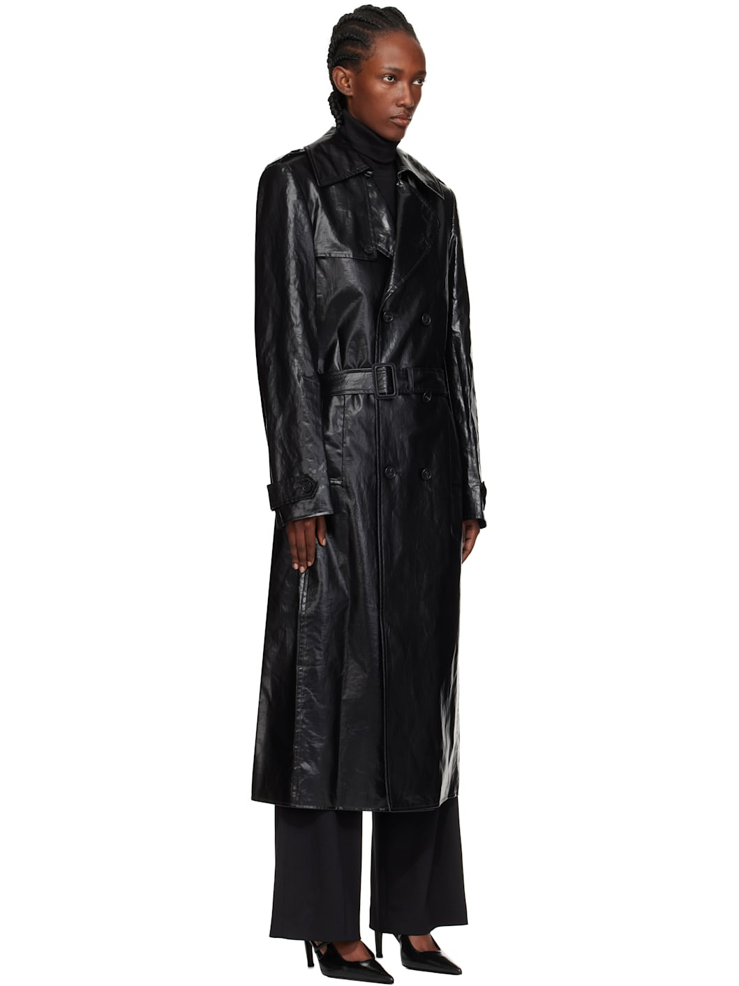 Black Shiny Coated Linen Trench Coat - 2