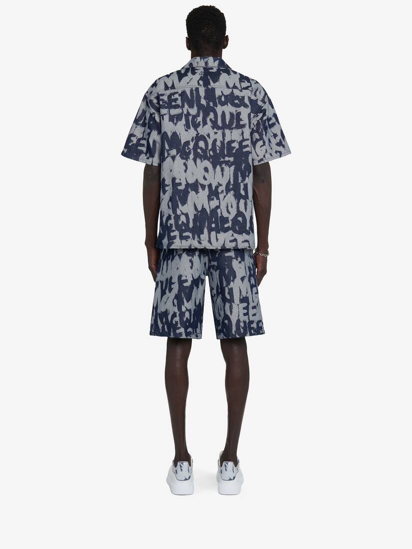 Men's McQueen Graffiti Hawaiian Denim Shirt in Indigo - 5