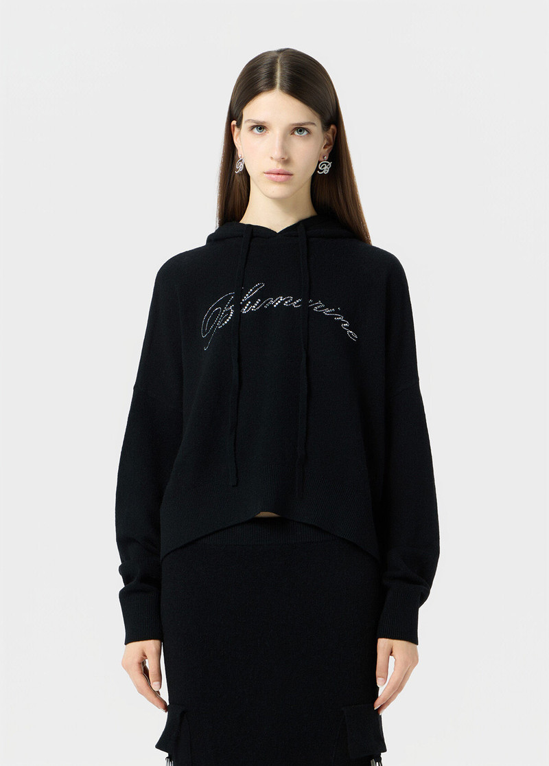 Blumarine WOOL HOODED SWEATER WITH RHINESTONE LOGO outlook