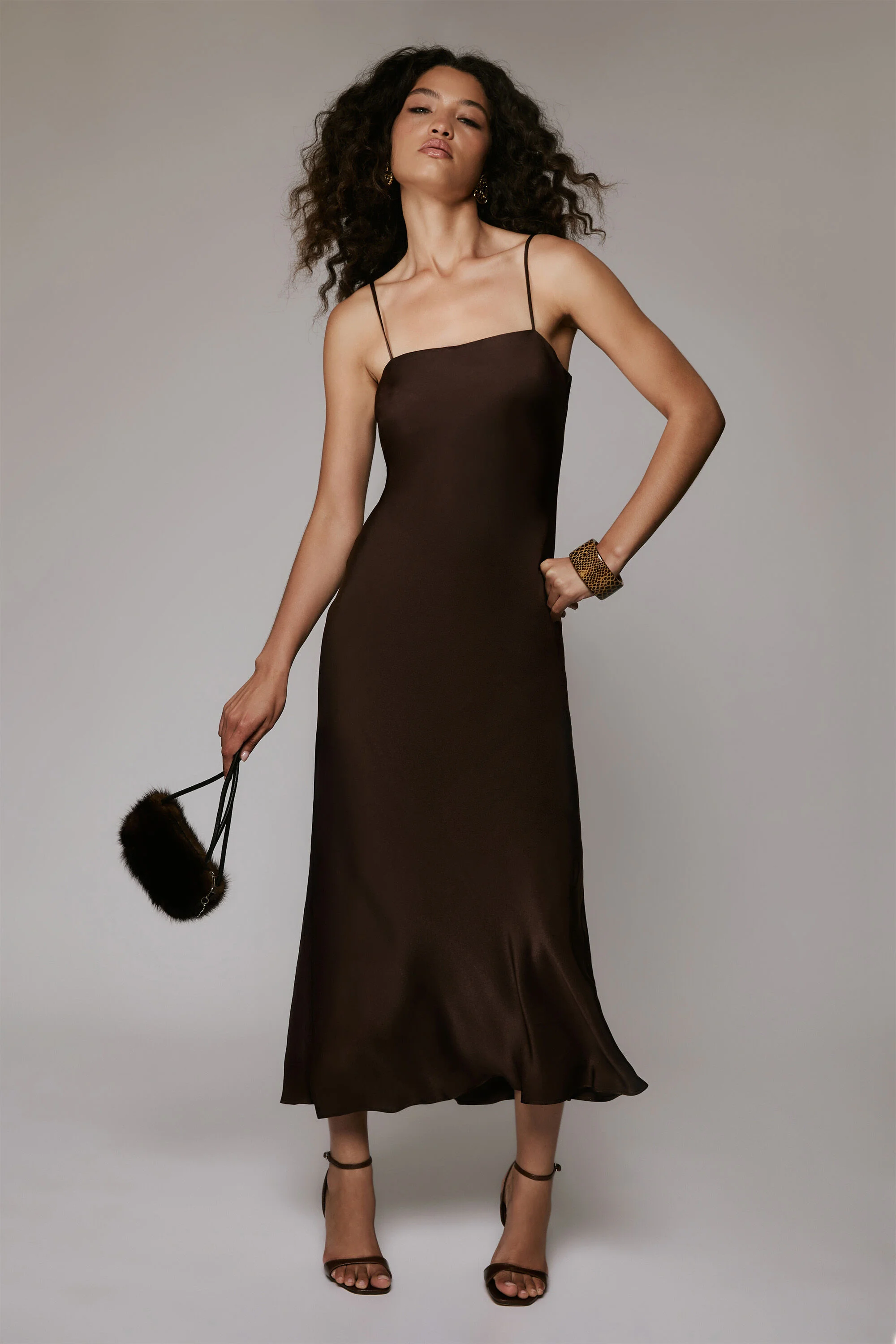 Marlo Satin Slip Dress In Dark Chocolate - 1