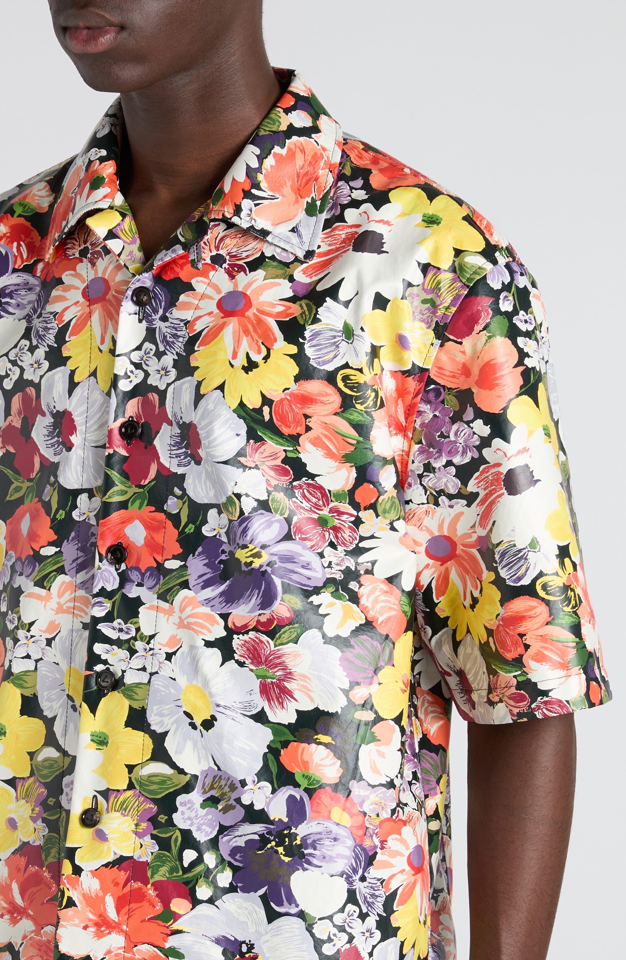 Bottega Veneta Floral Print Leather Camp Shirt in 8383 Multicolor at Nordstrom - 5