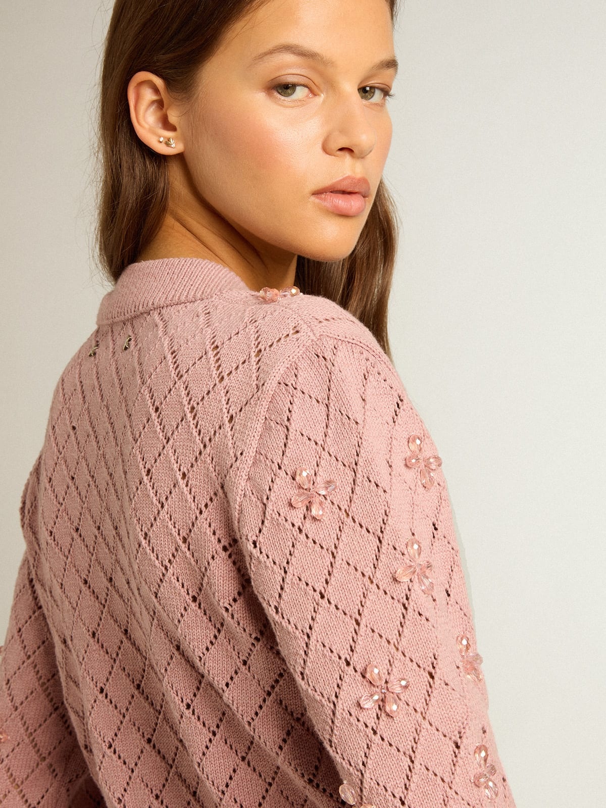 Openwork cotton cropped cardigan with decorative crystals - 5