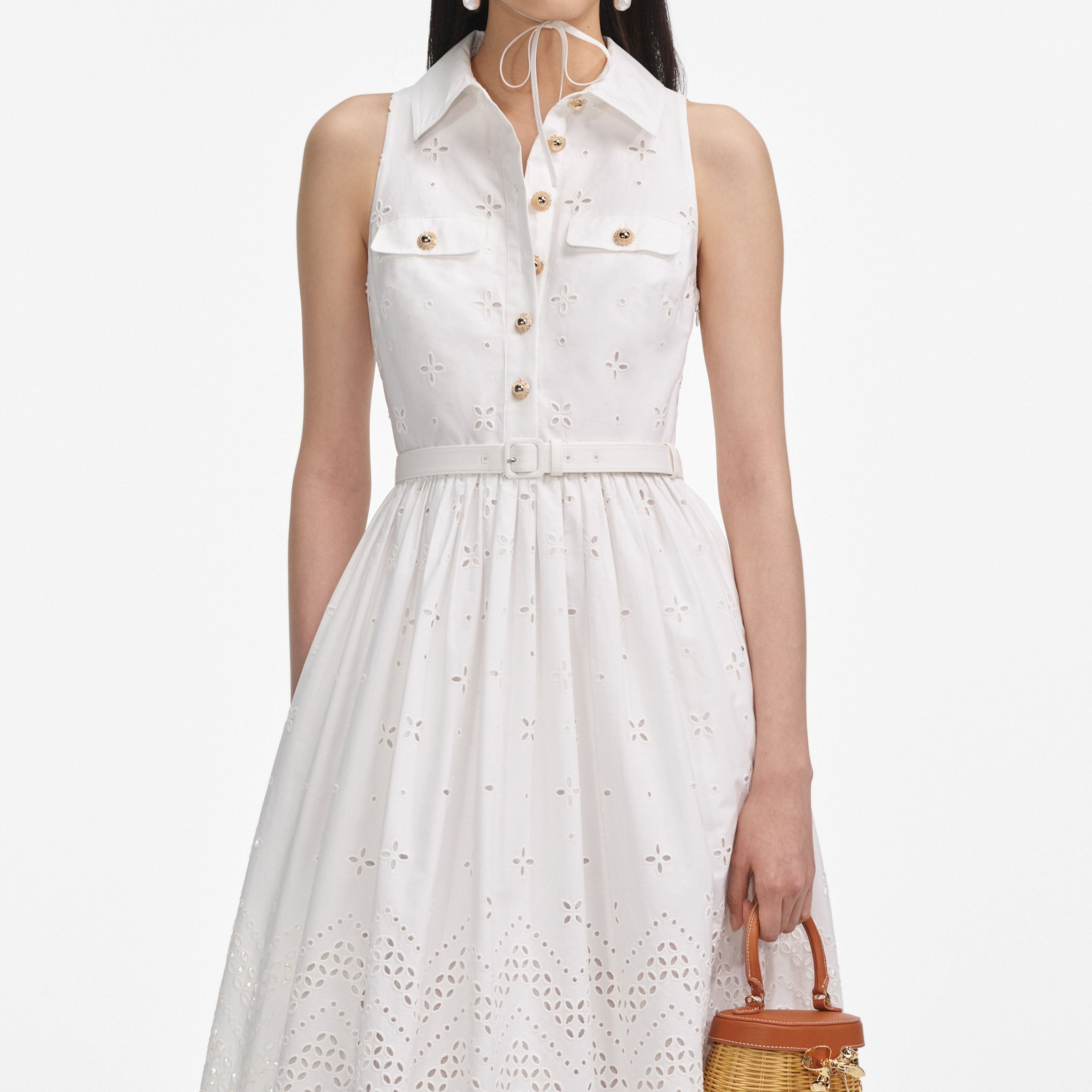 White Cotton Broderie Collared Midi Dress - 4