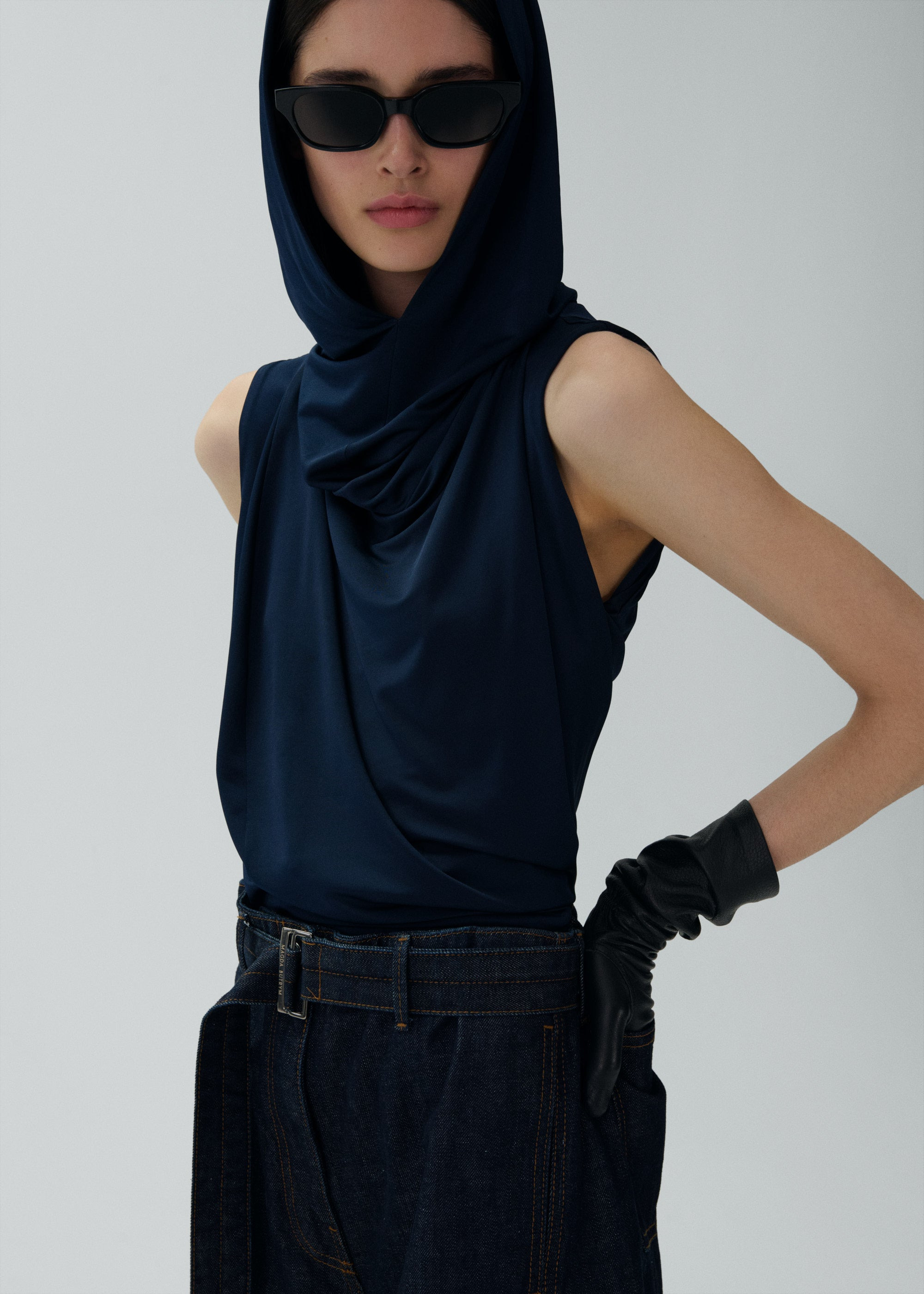 Hooded drape top in navy - 3