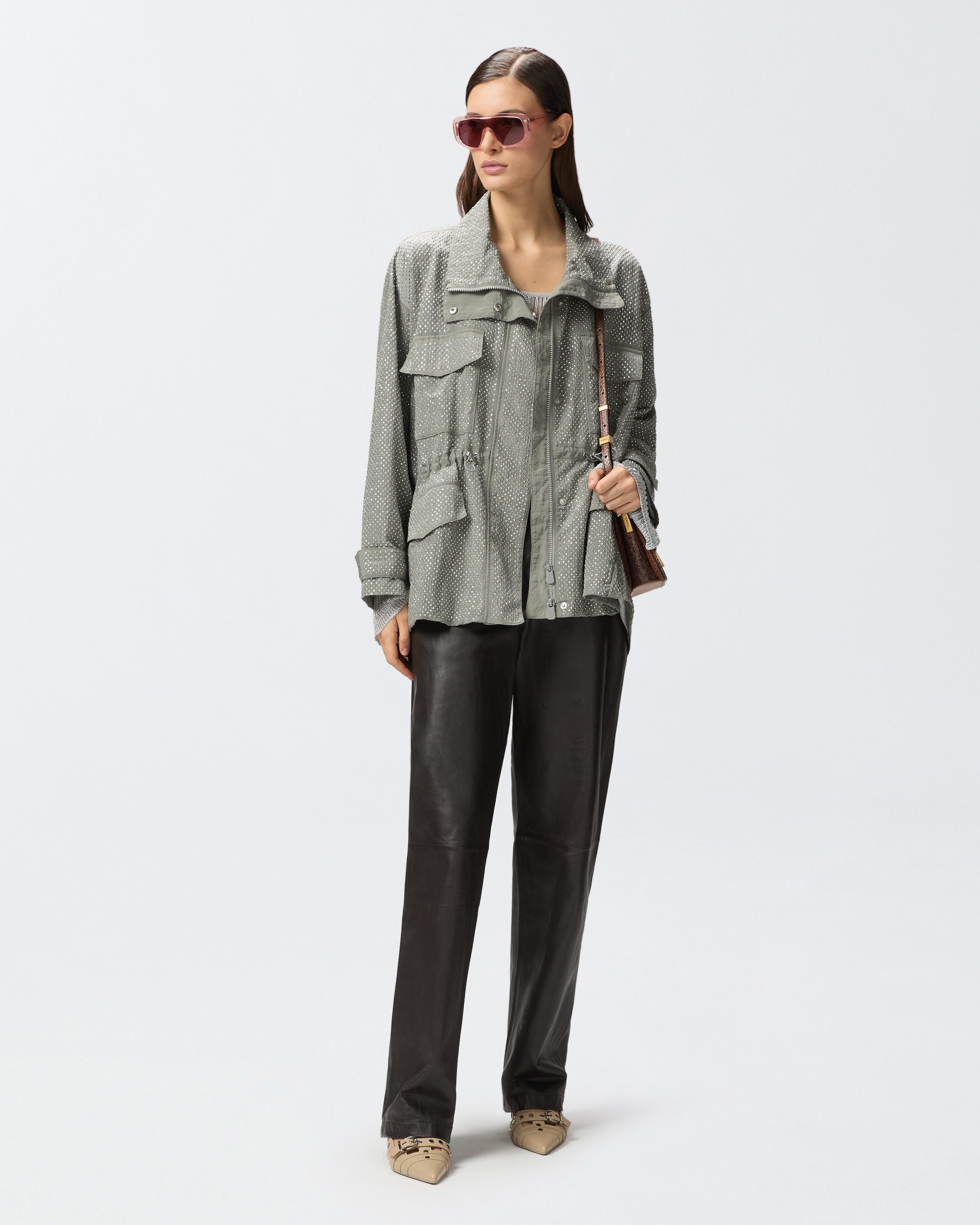 【PINKO】Technical parka with rhinestone-effect mini studs PINKO TECHNICAL PARKA WITH RHINESTONE-EFFECT MINI STUDS