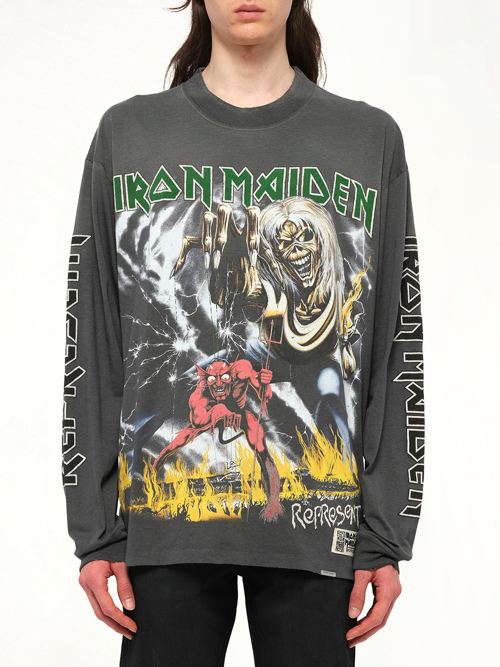 Iron Maiden Number of the Beast Long Sleeve T-Shirt in Sunfade Grey - 1