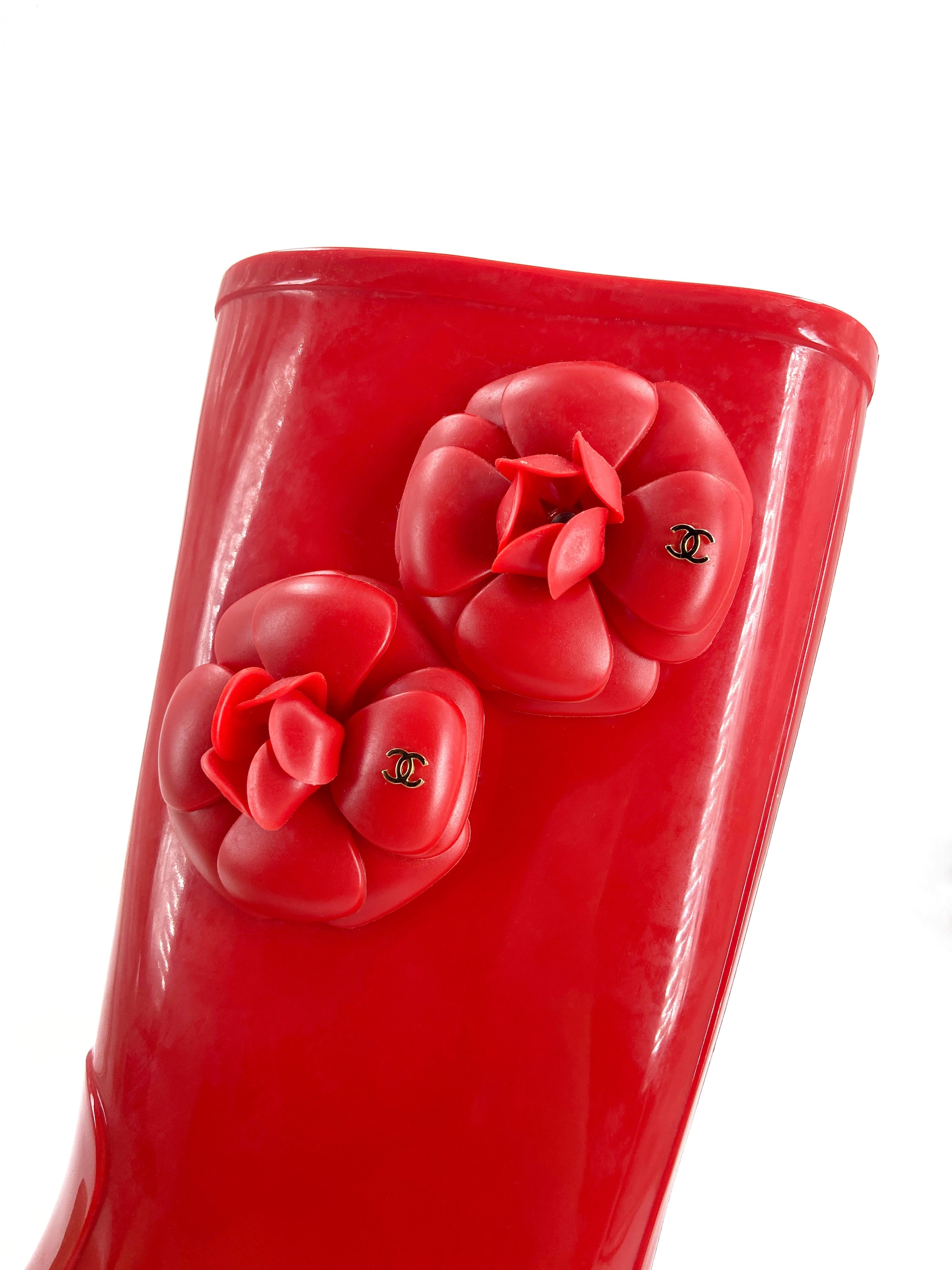 Chanel Karl Lagerfeld Red Camellia Rubber Rainboot - 6