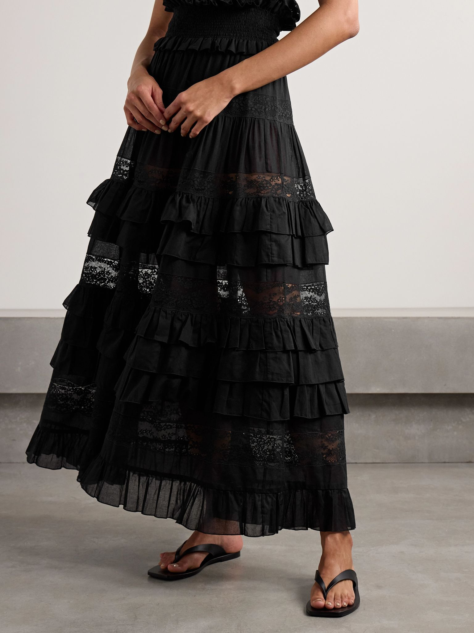 Tina tiered ruffled lace-trimmed cotton-voile maxi skirt Black - 3
