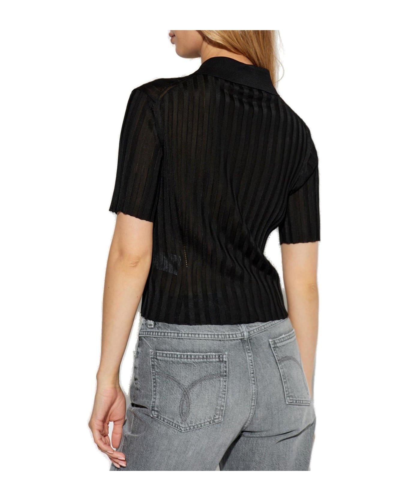 Short-sleeved Button-up Knitted Shirt - 3