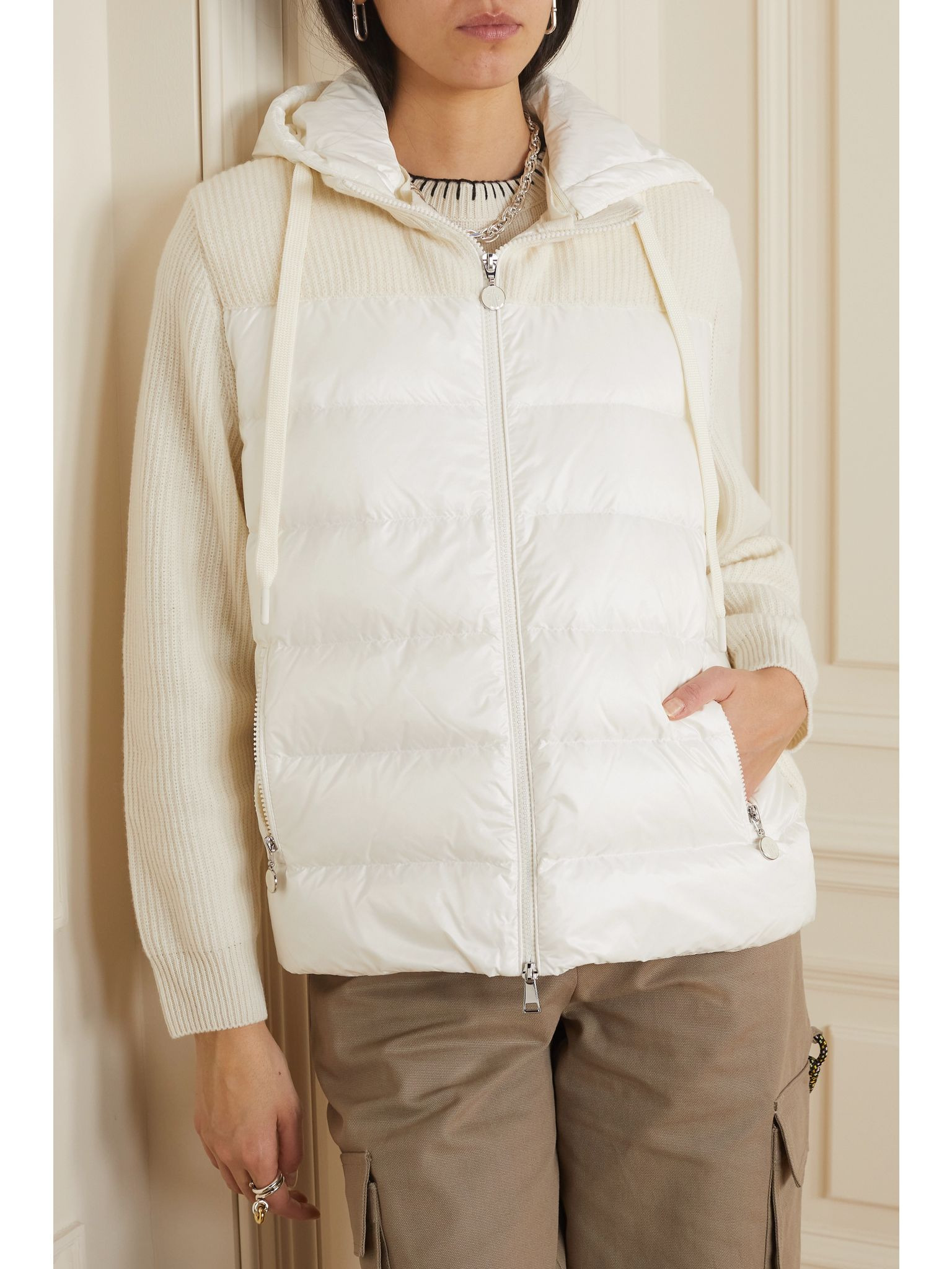 Ribbed wool and quilted shell down hoodie White - 3