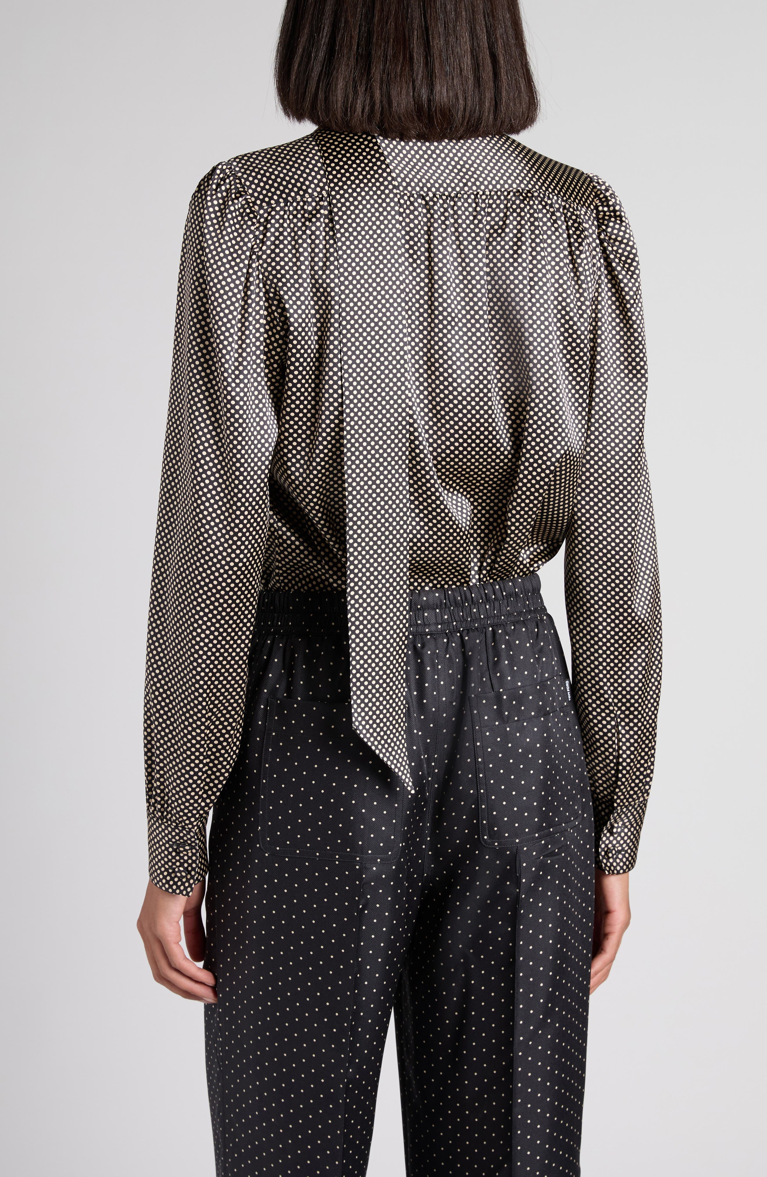 TOM FORD Polka Dot Stretch Silk Lavalliere Button-Up Shirt in Zblaw Black/White at Nordstrom - 3