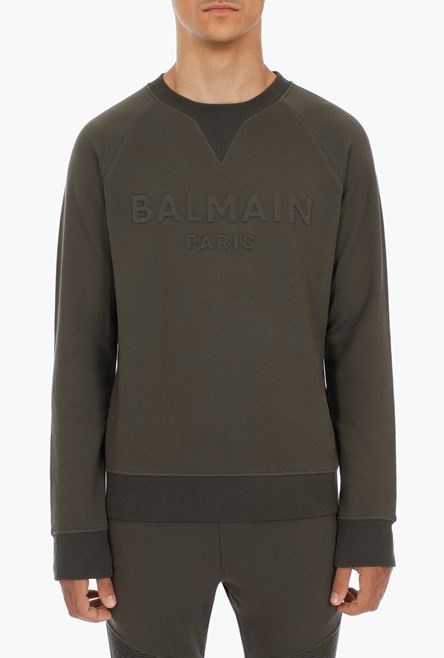 Khaki cotton sweatshirt with embossed khaki Balmain Paris logo - 5