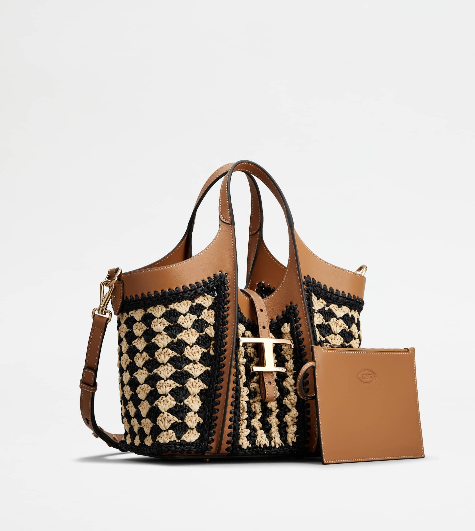 T TIMELESS SHOPPING BAG IN LEATHER AND RAFFIA MINI - BEIGE, BROWN, BLACK - 2