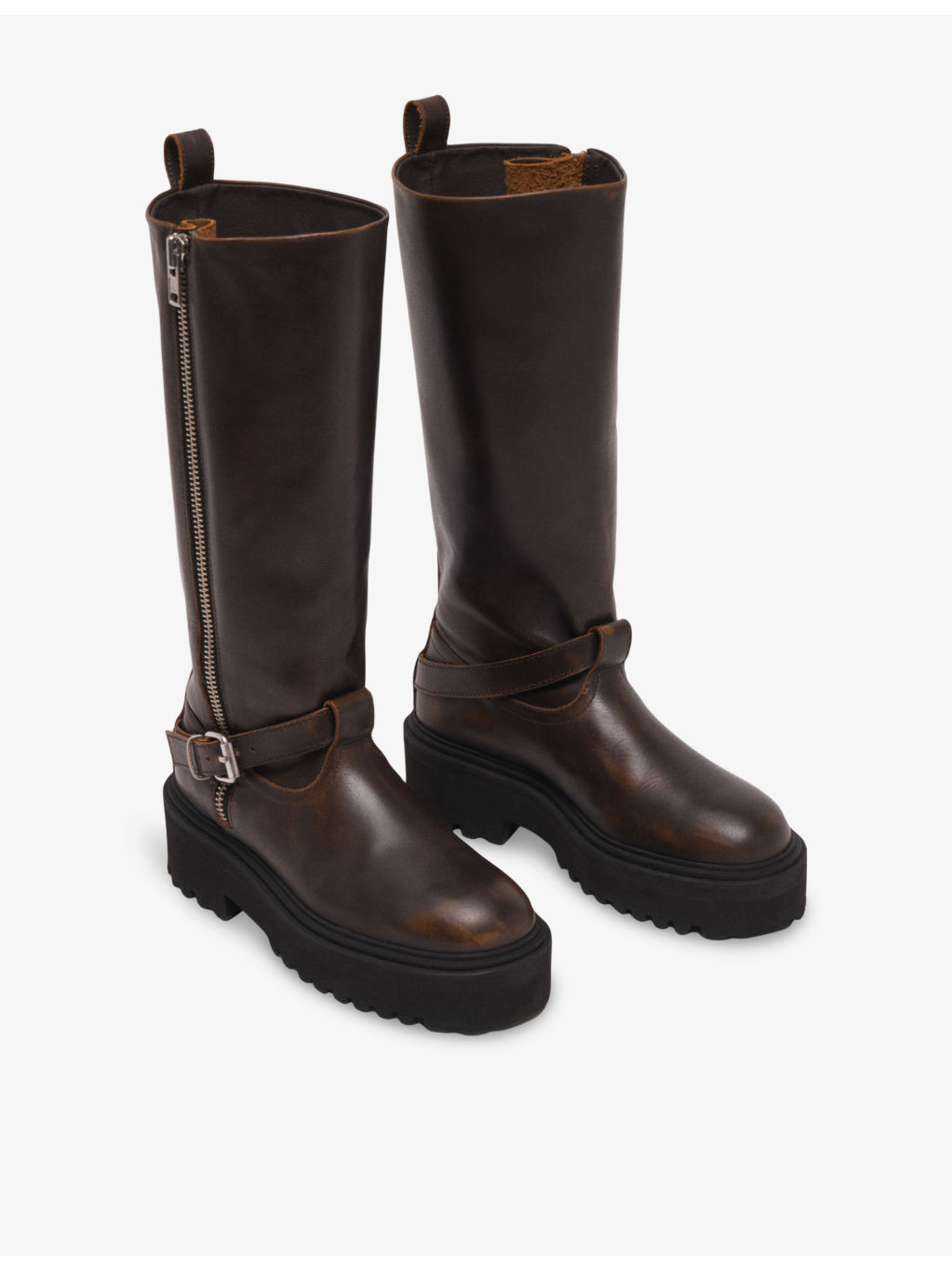 Knee-Length Flat Leather Biker Boots - 2