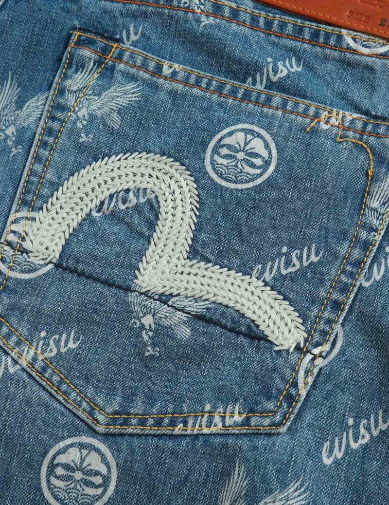 ALLOVER KAMON AND EAGLE PRINT DENIM SHORTS 7