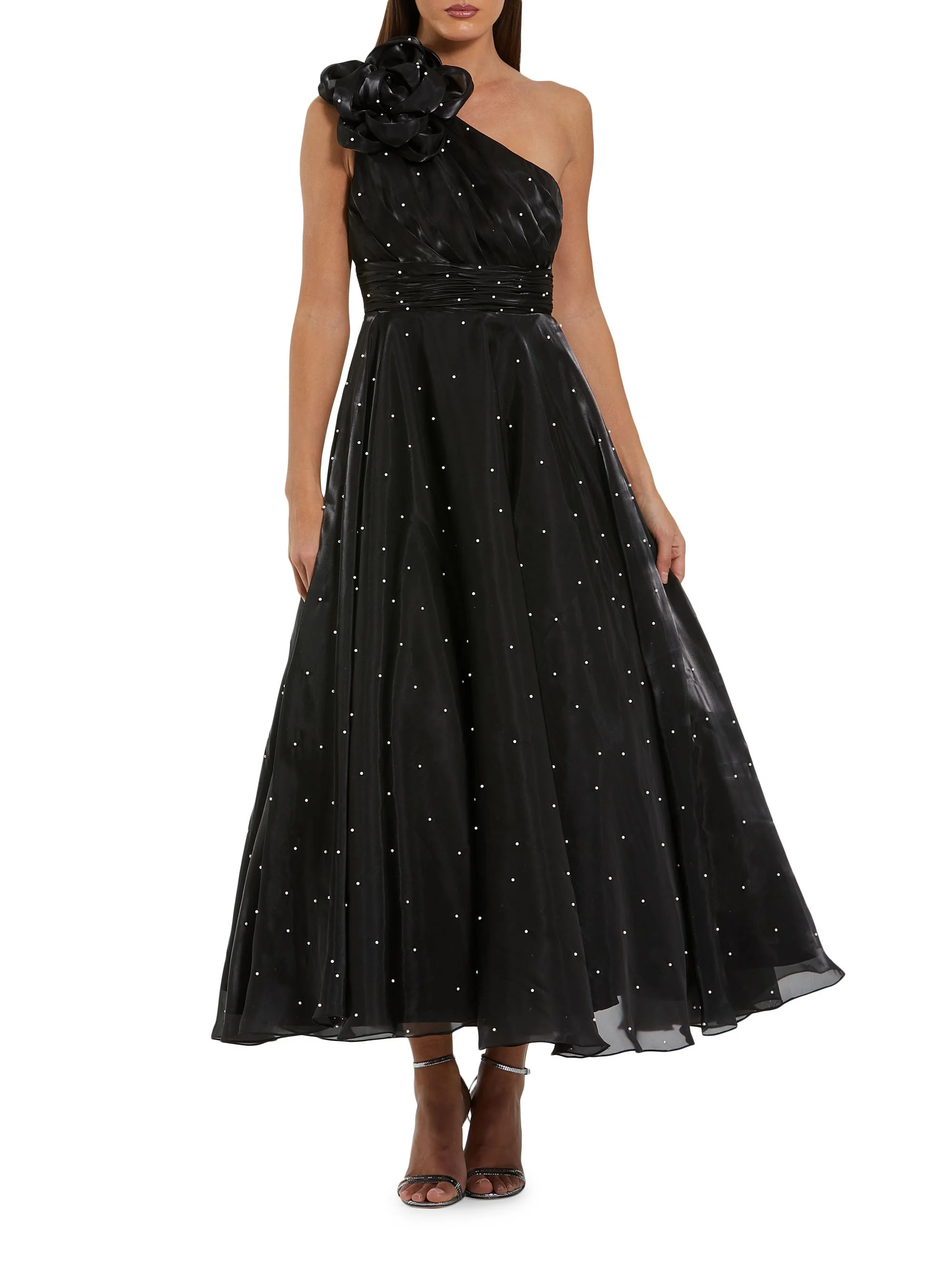 Women's Pearl Beaded Organza One-Shoulder Tea-Length Dress - Black Ivory - 1