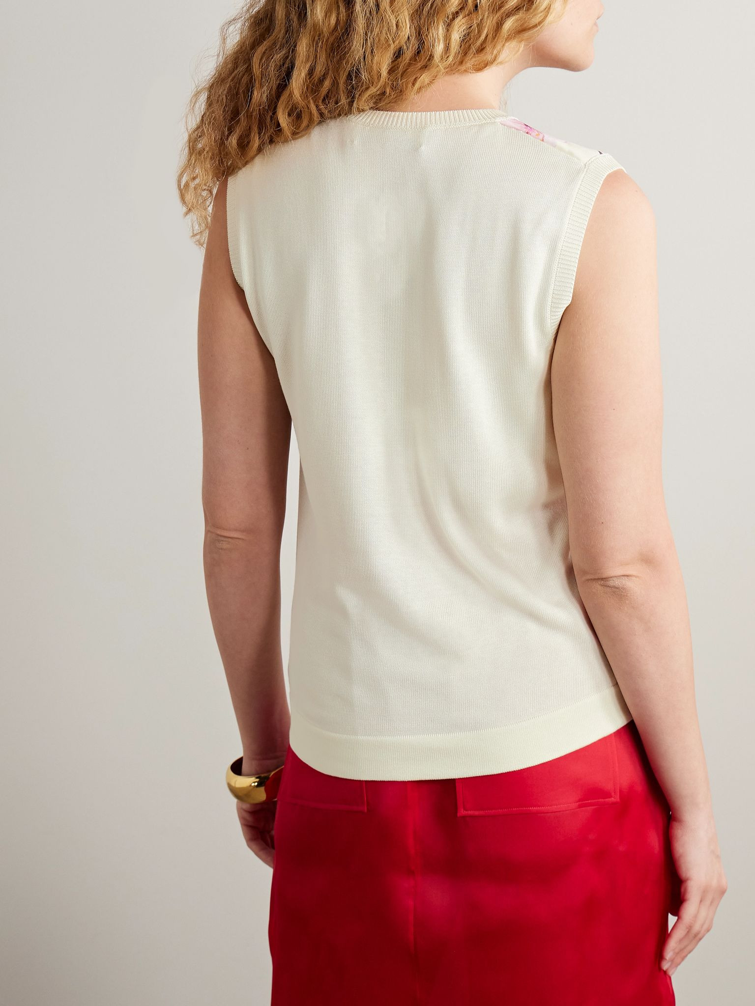 Paneled knitted and floral-print silk-blend twill tank Ecru - 4