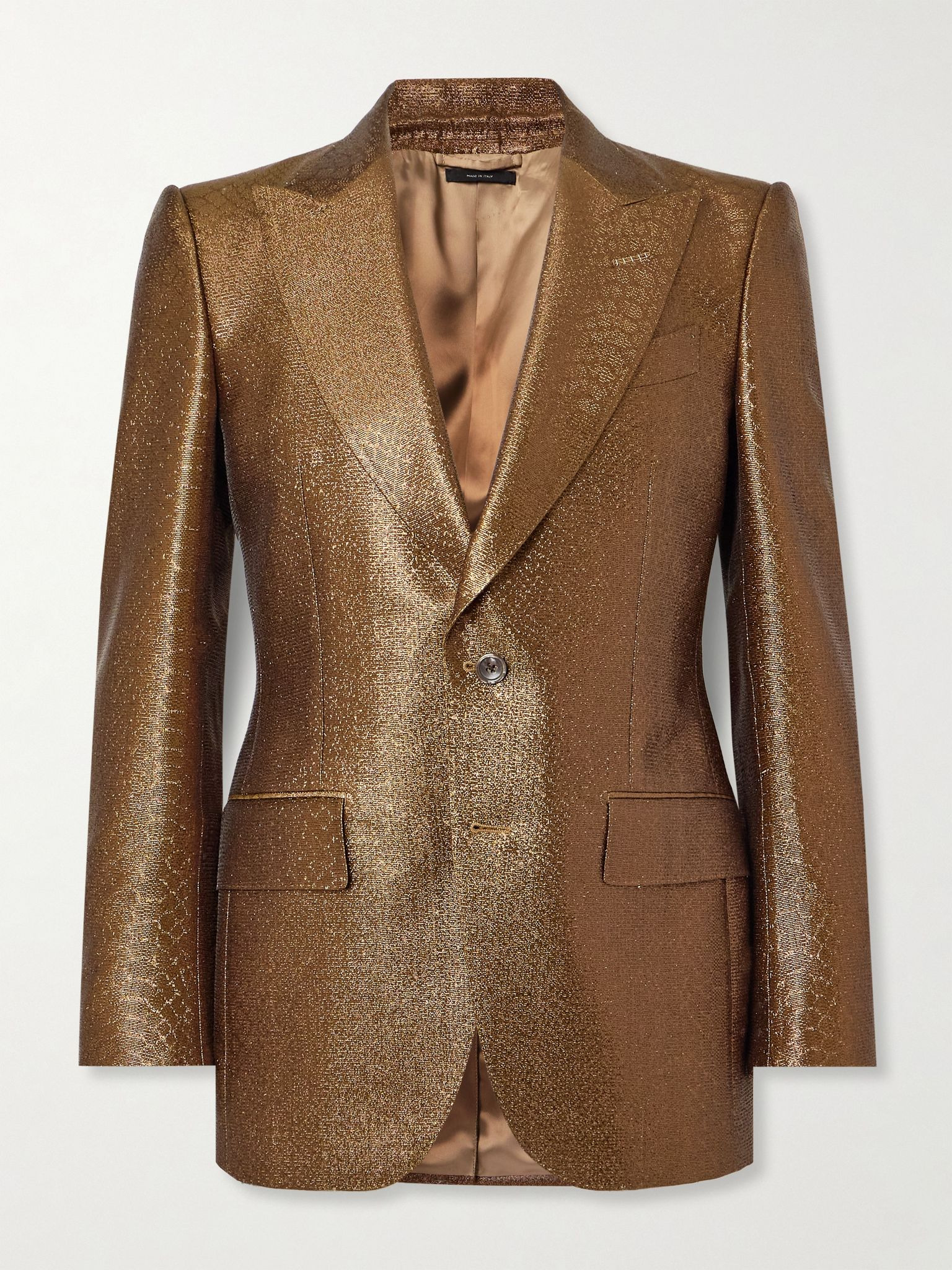 Slim-Fit Croc-Effect Coated Wool-Blend Tuxedo Jacket Brown - 1