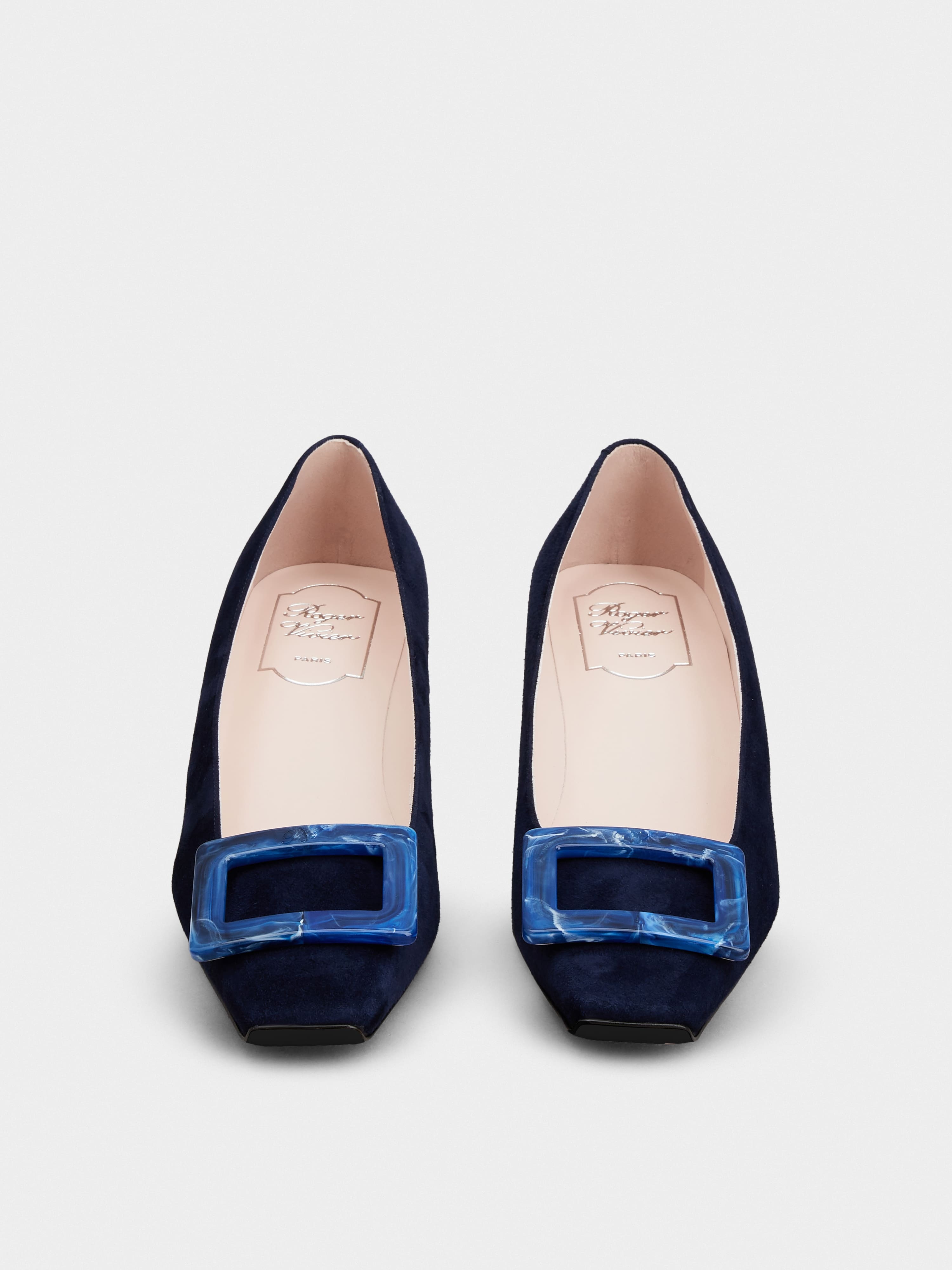 Belle Vivier Stone Buckle Pumps in Suede - 7