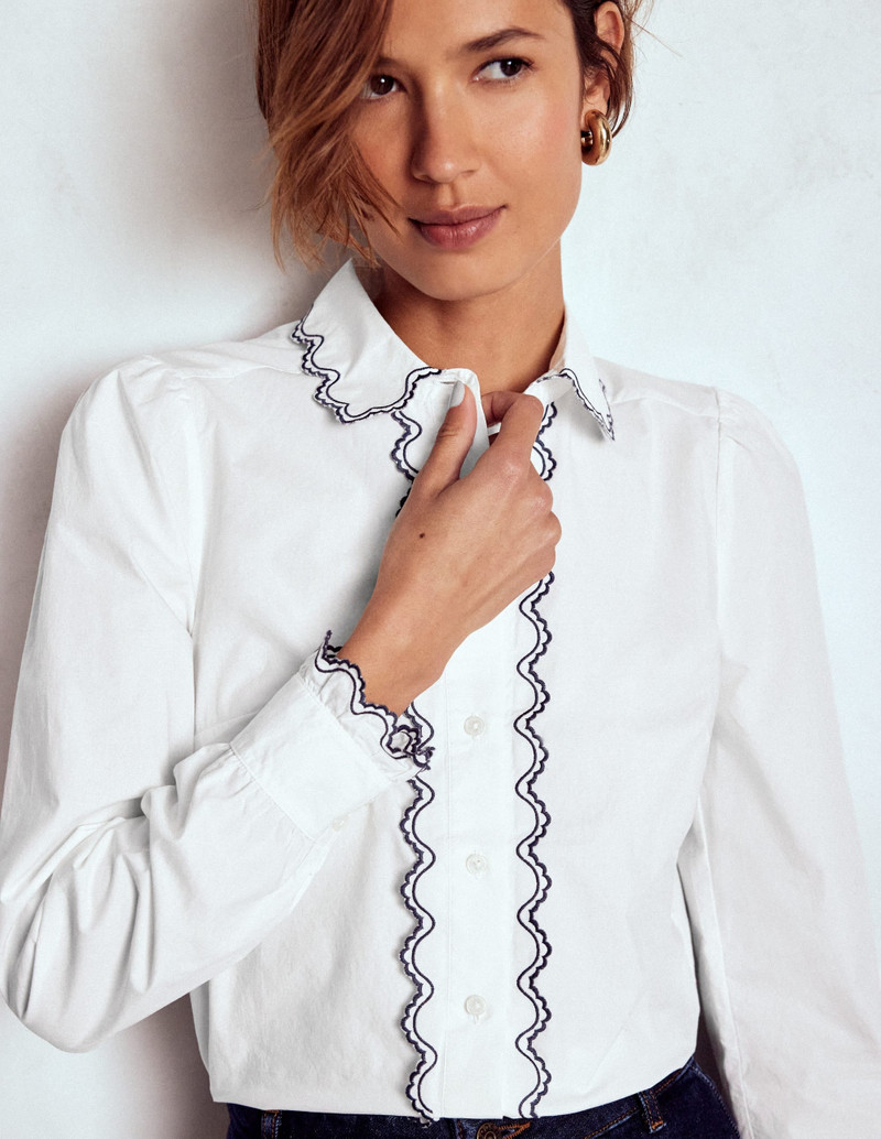 Embroidered Cotton Shirt-White, Navy Embroidery 6