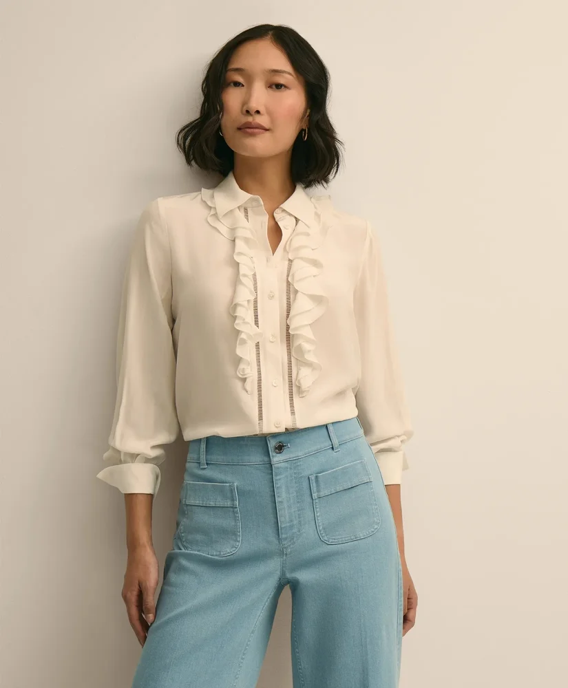 Viscose Ruffle Open-Stitch Placket Blouse - 1