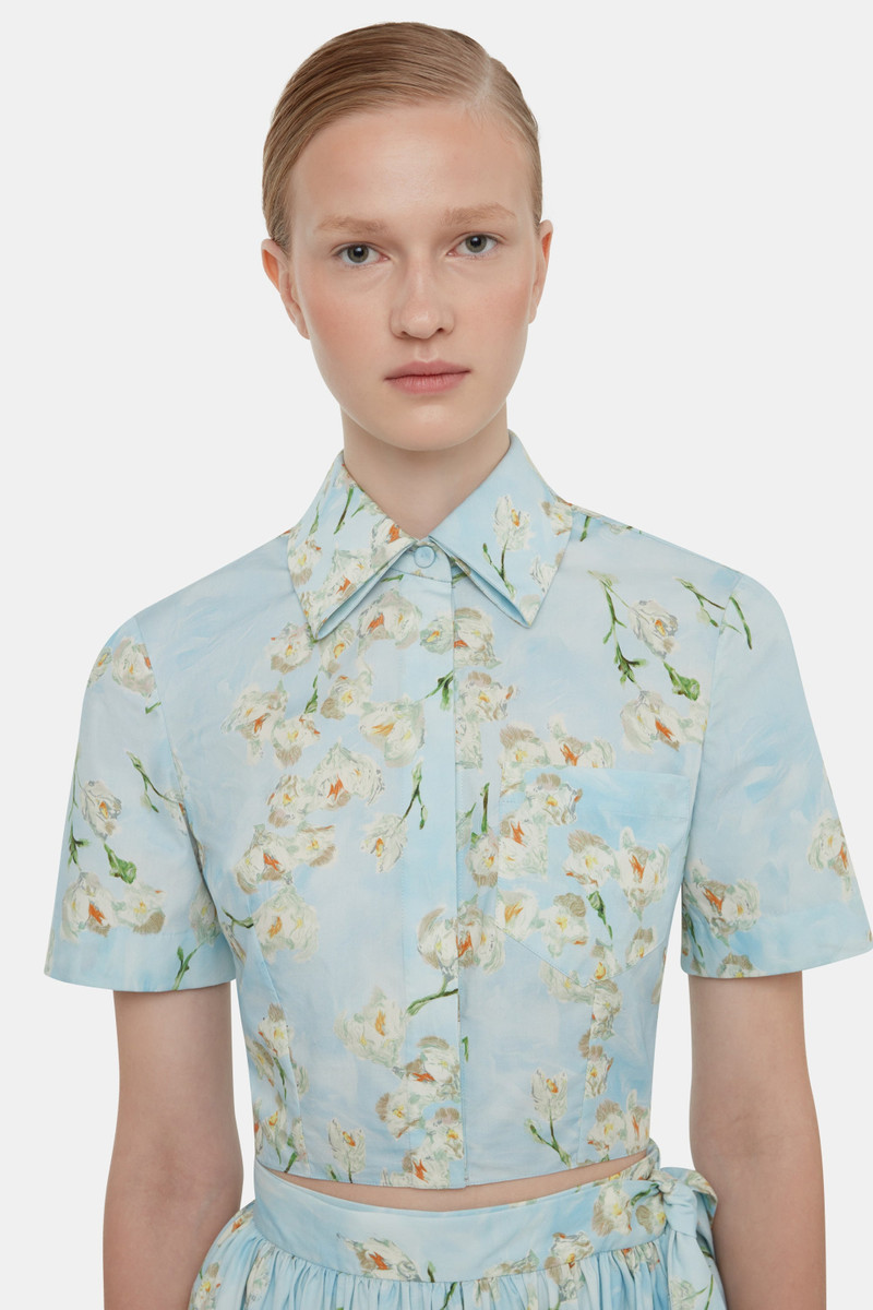Natalie Cropped Shirt In Little Lillies On Blue Floral Print Cotton Poplin 4
