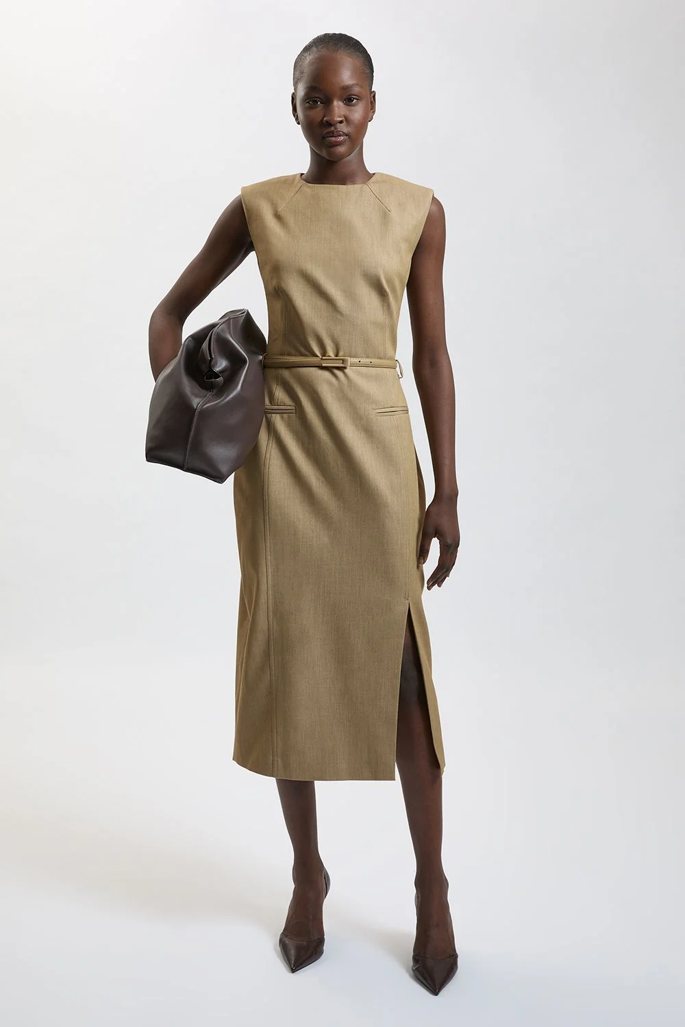 Tailored Belted Midi Skirt Pencil Dress - 1