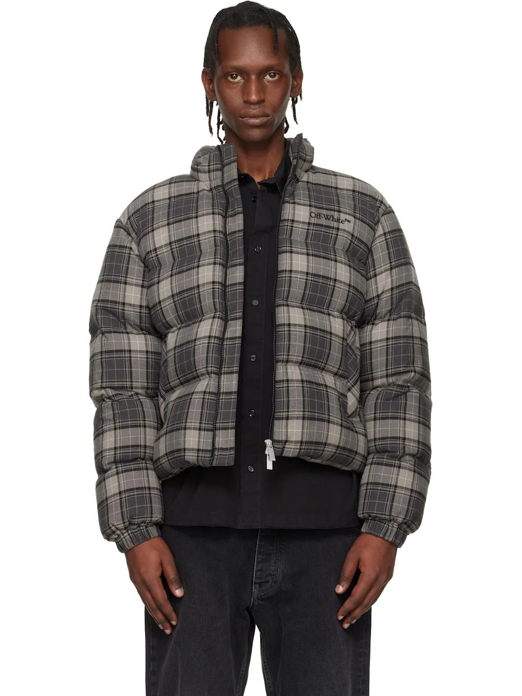 Gray Spray Arrow Check Flannel Down Jacket - 1