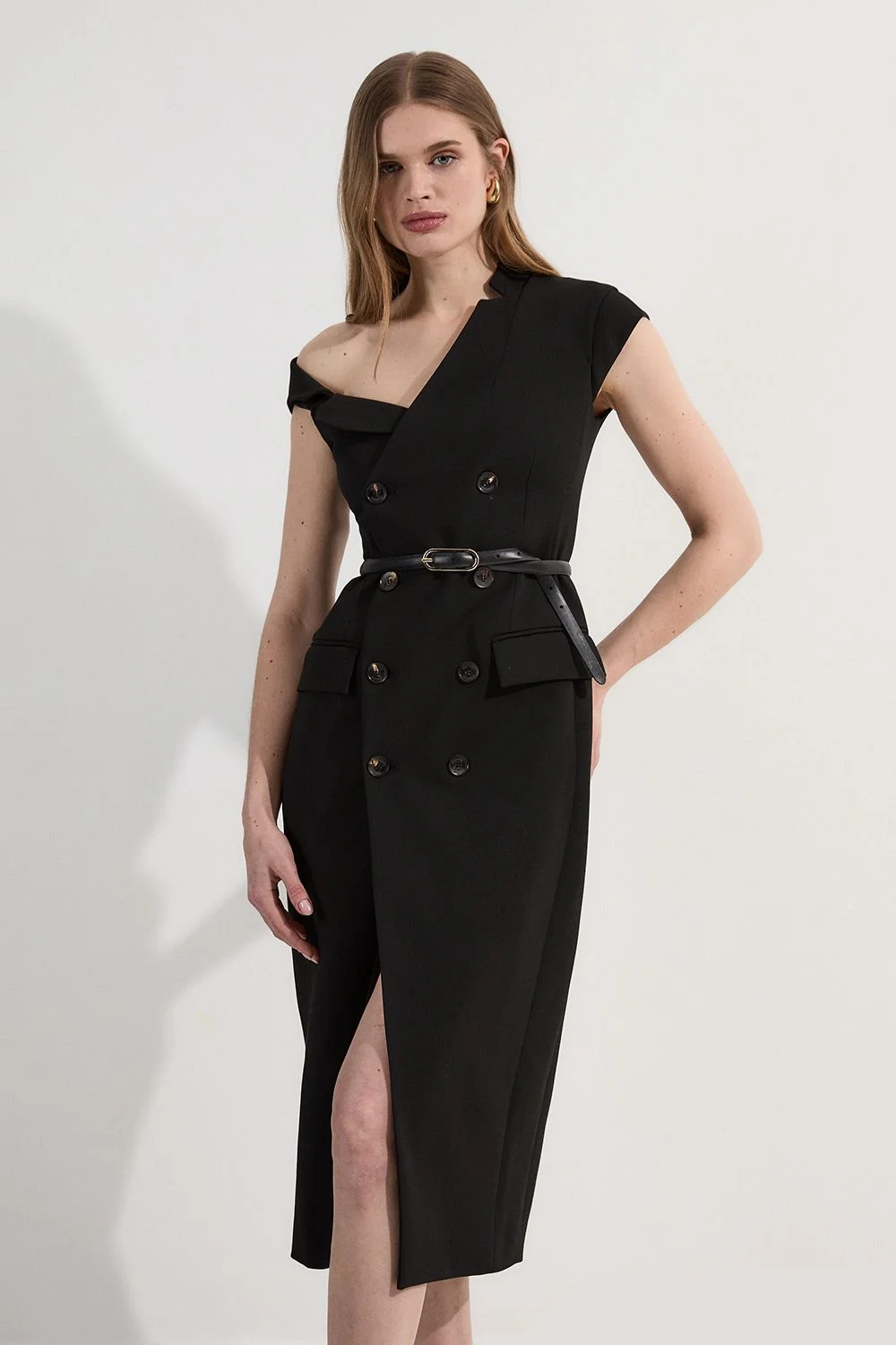 Tall Compact Stretch Asymmetric Collar Tailored Pencil Maxi Dress - 1