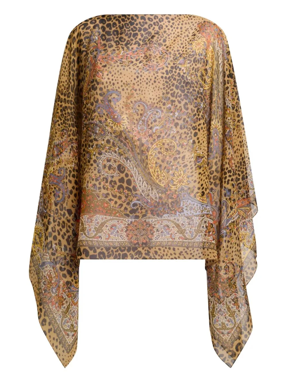 Silk Poncho Top With Paisley And Animal Motif - 1
