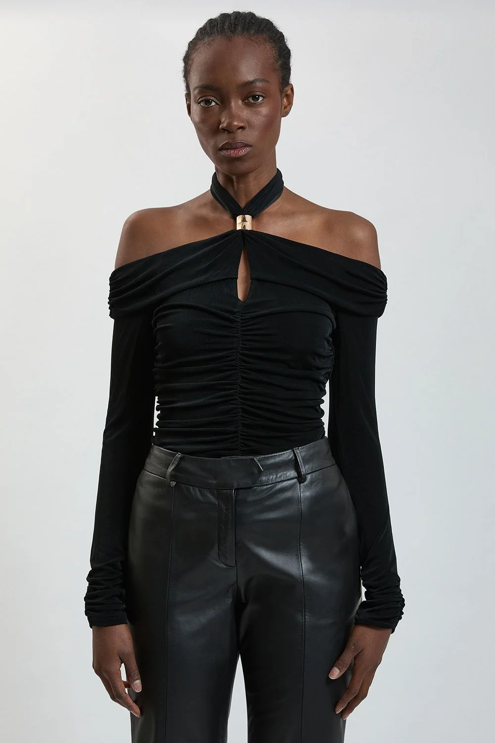 Drapey Crepe Off The Shoulder Ruched Metal Hardware Top - 1