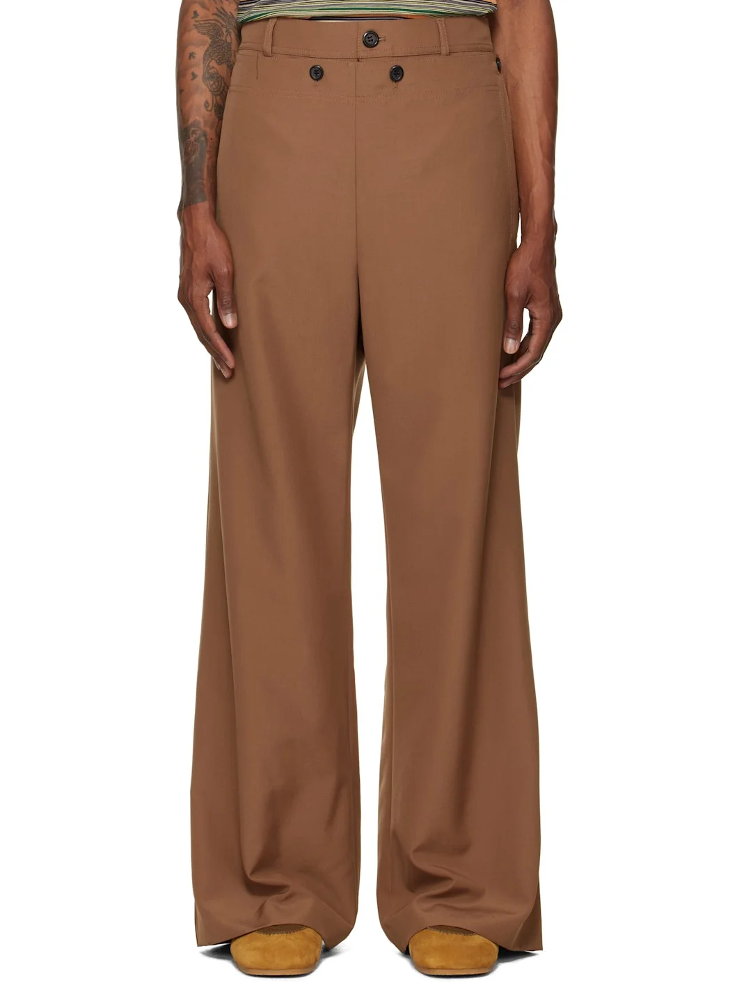 Brown Technical Wool Buttoned Flap Trousers - 1