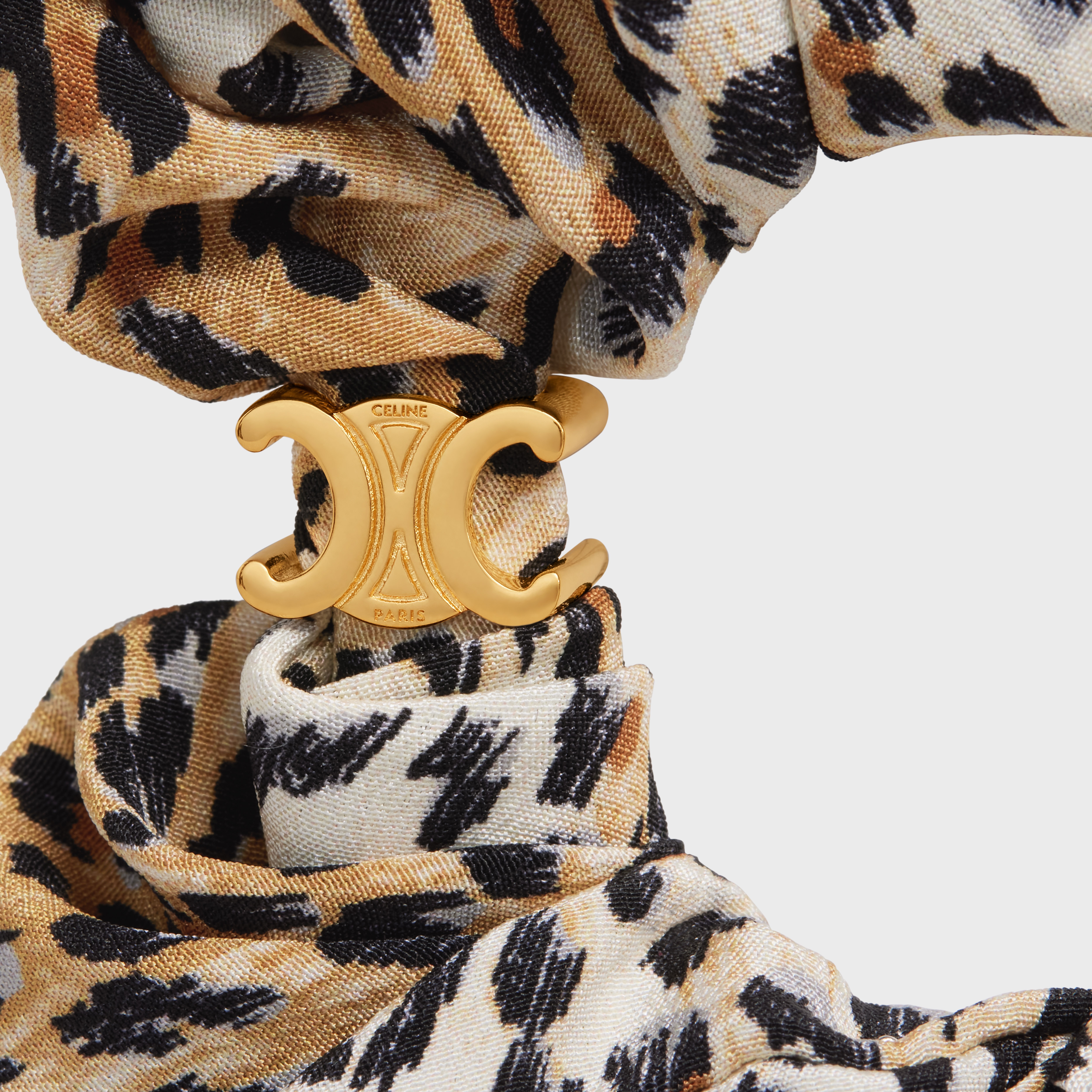 Scrunchy Celine Leopard Bracelet in Brass with Gold Finish and Beige Silk 2