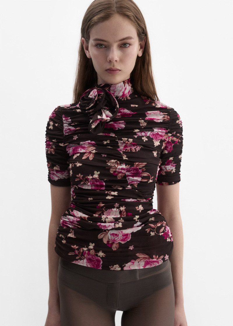 MAGDA BUTRYM Ruched floral silk-blend top in brown print outlook