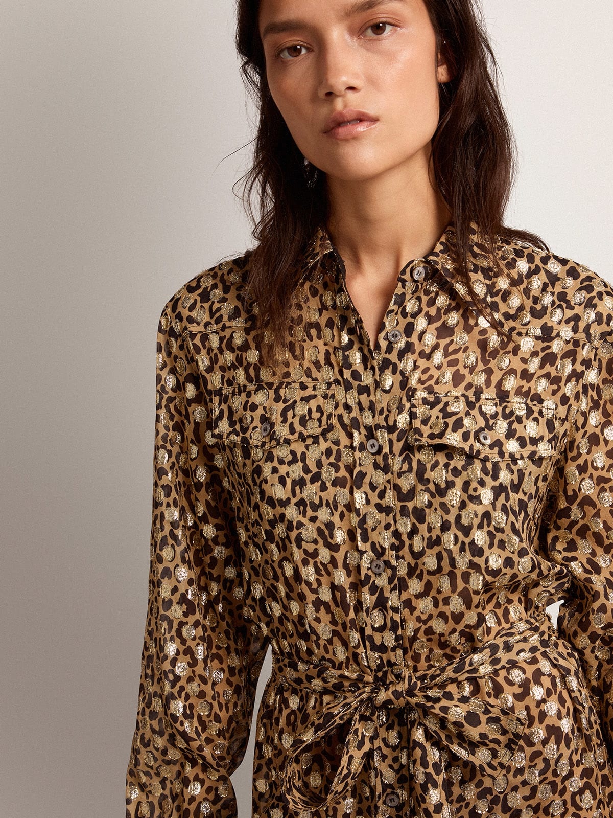 Women's shirt dress with animal print and gold fil coupé - 2