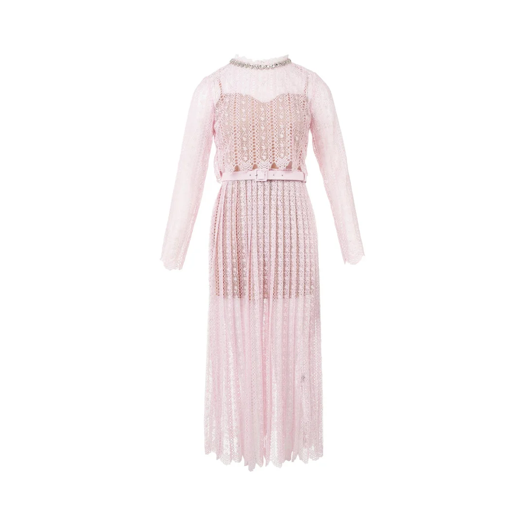 Pink Organza Lace Midi Dress - 1