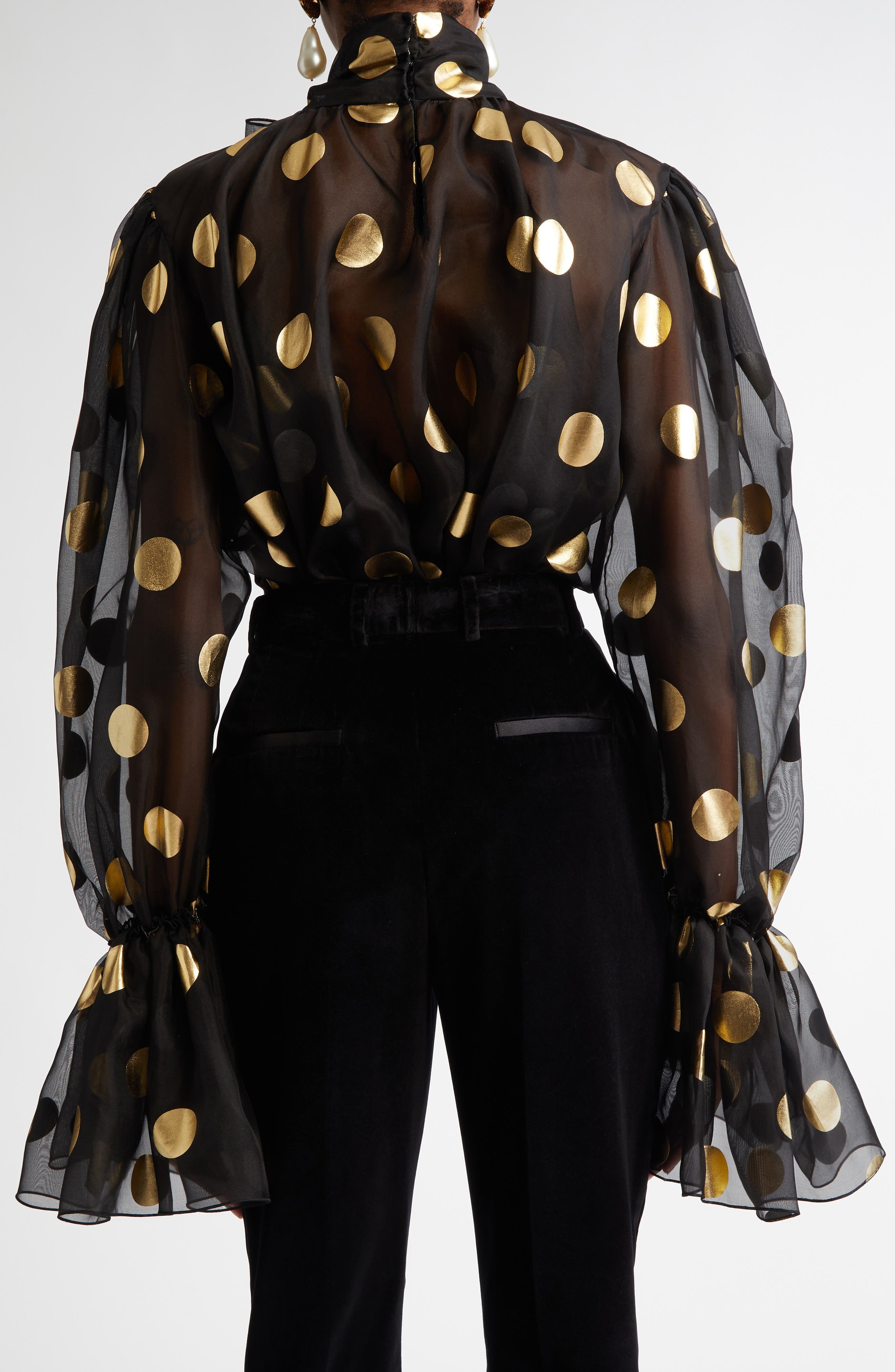 Dolce&Gabbana Polka Dot Bow Bell Sleeve Sheer Silk Top in Hnlm0 Oro Nero at Nordstrom - 3