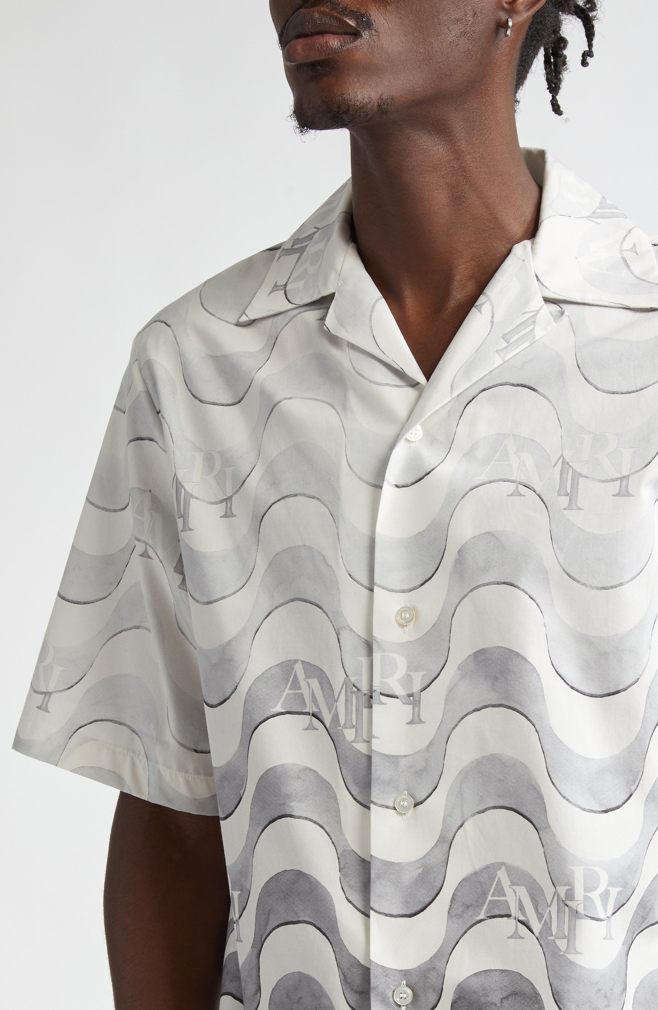 AMIRI Staggered Logo Wave Cotton Camp Shirt in Grey at Nordstrom - 5