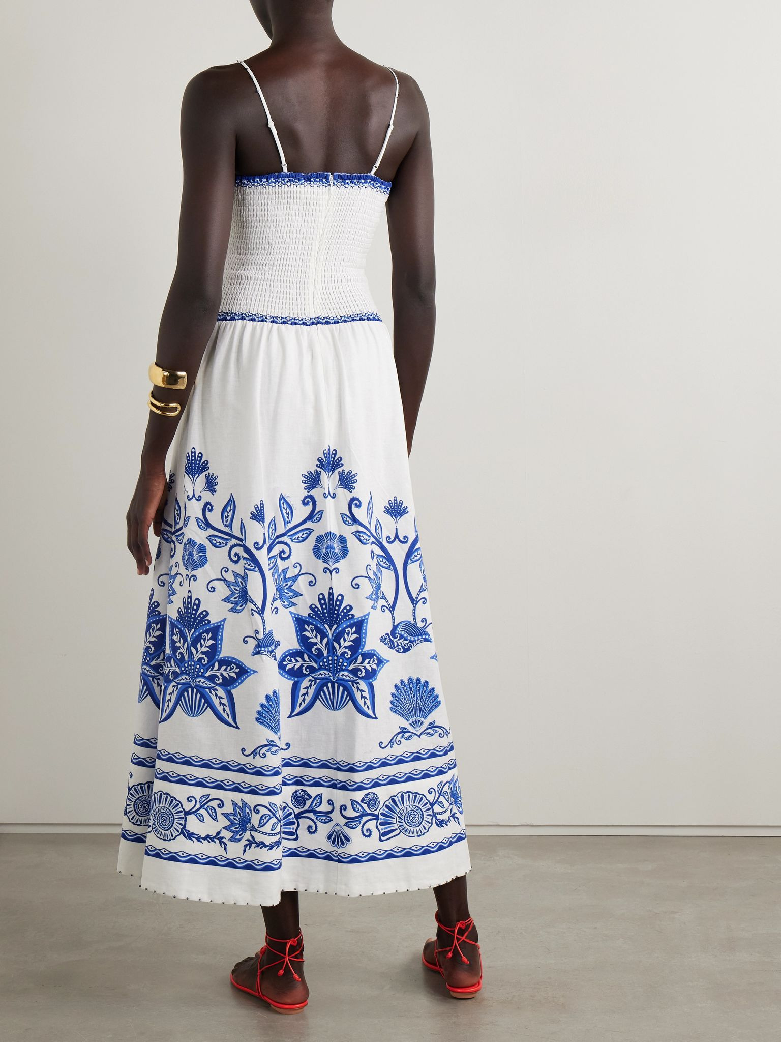 Bead-embellished printed linen-blend midi dress White - 3