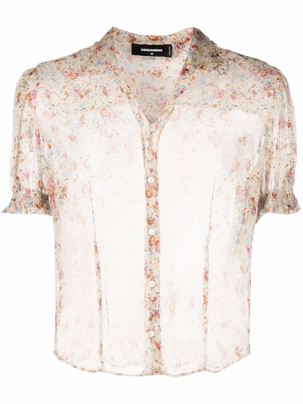 sheer puff-sleeve floral-print shirt - 1