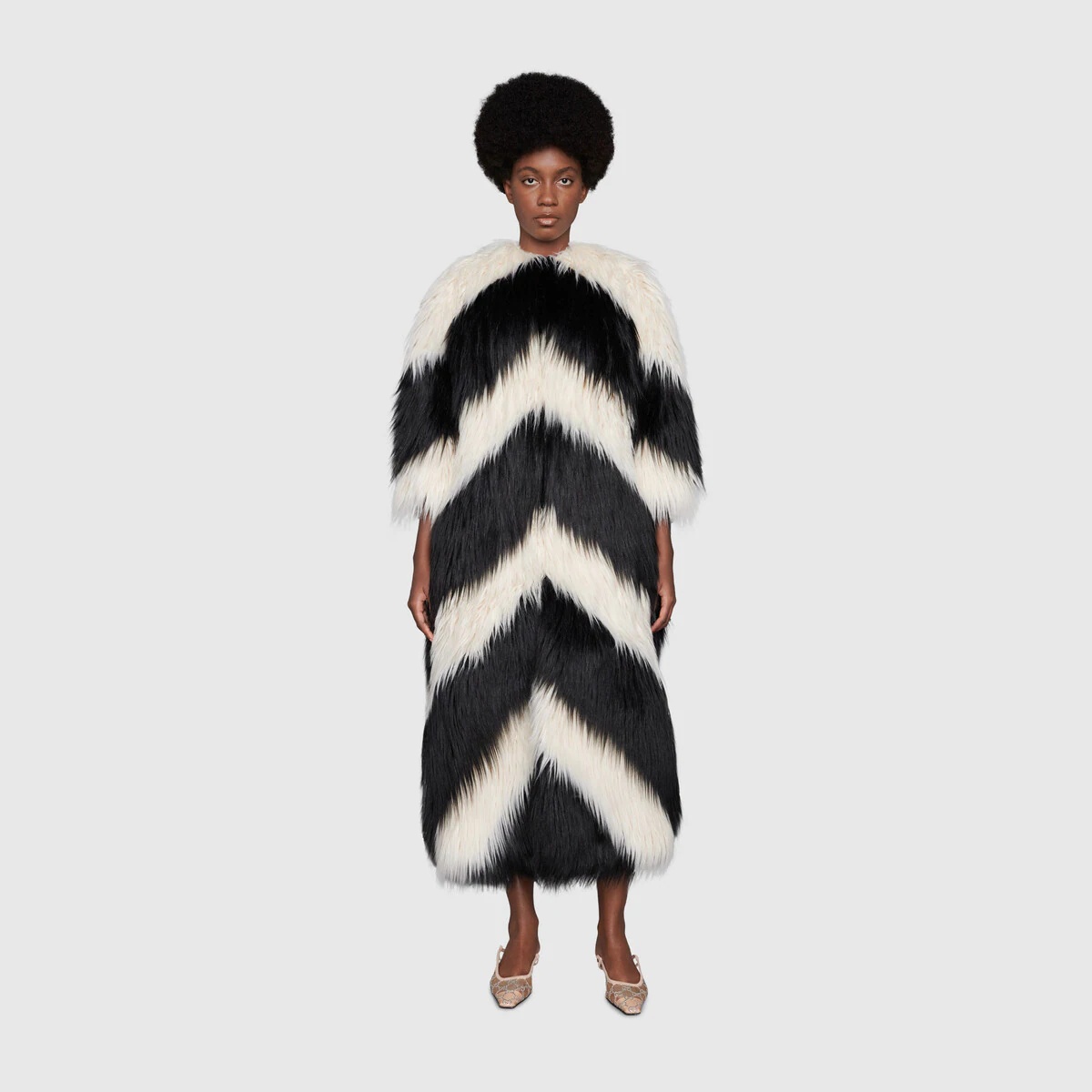 Geometric intarsia faux fur coat - 3