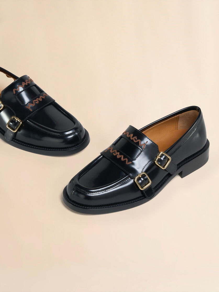 BLACK LEATHER BAMBI 3.0 LOAFER WITH DOUBLE BUCKLE - 5